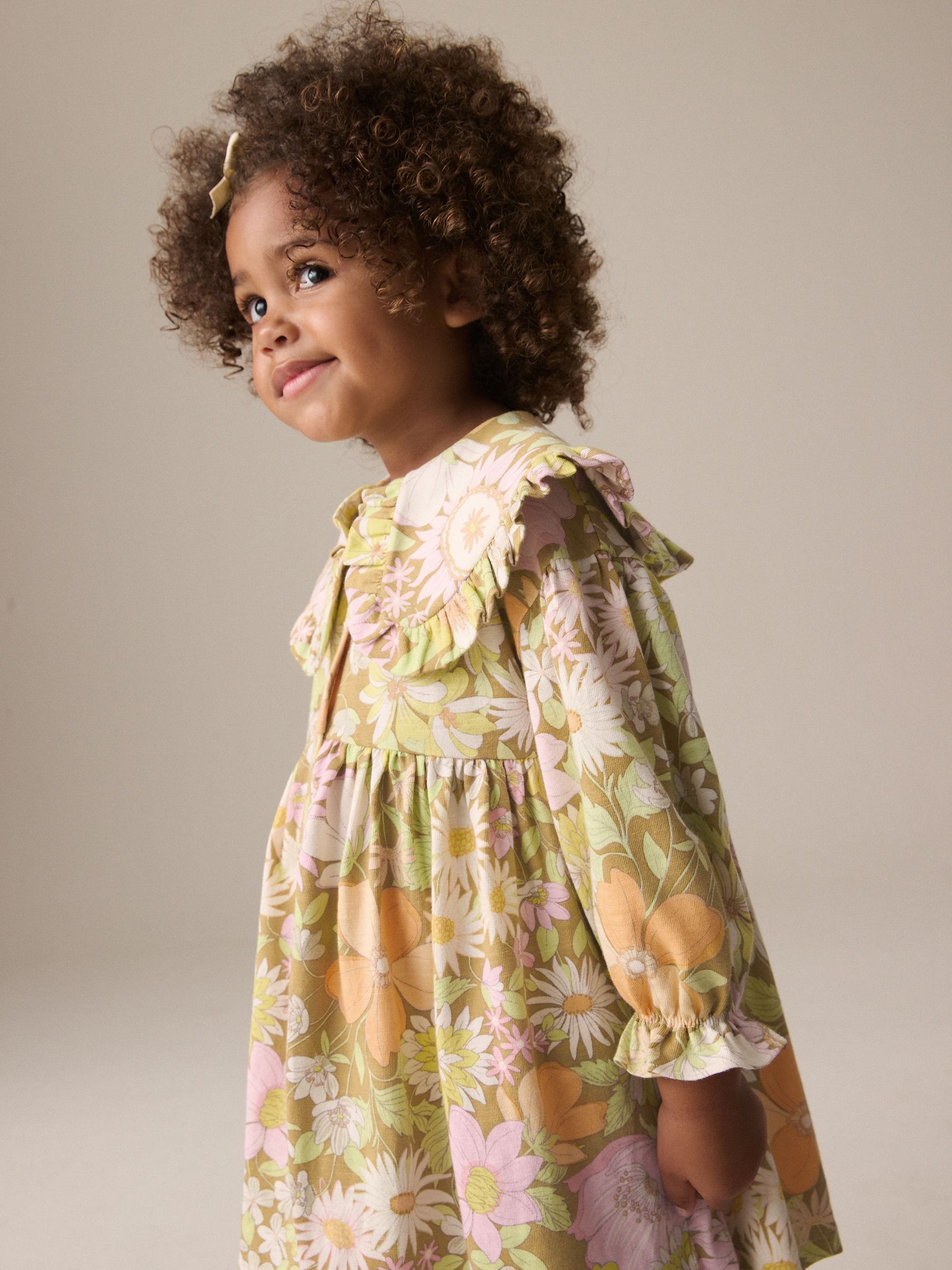 Green Floral Long Sleeve Collar 100% Cotton Dress (3mths-7yrs)