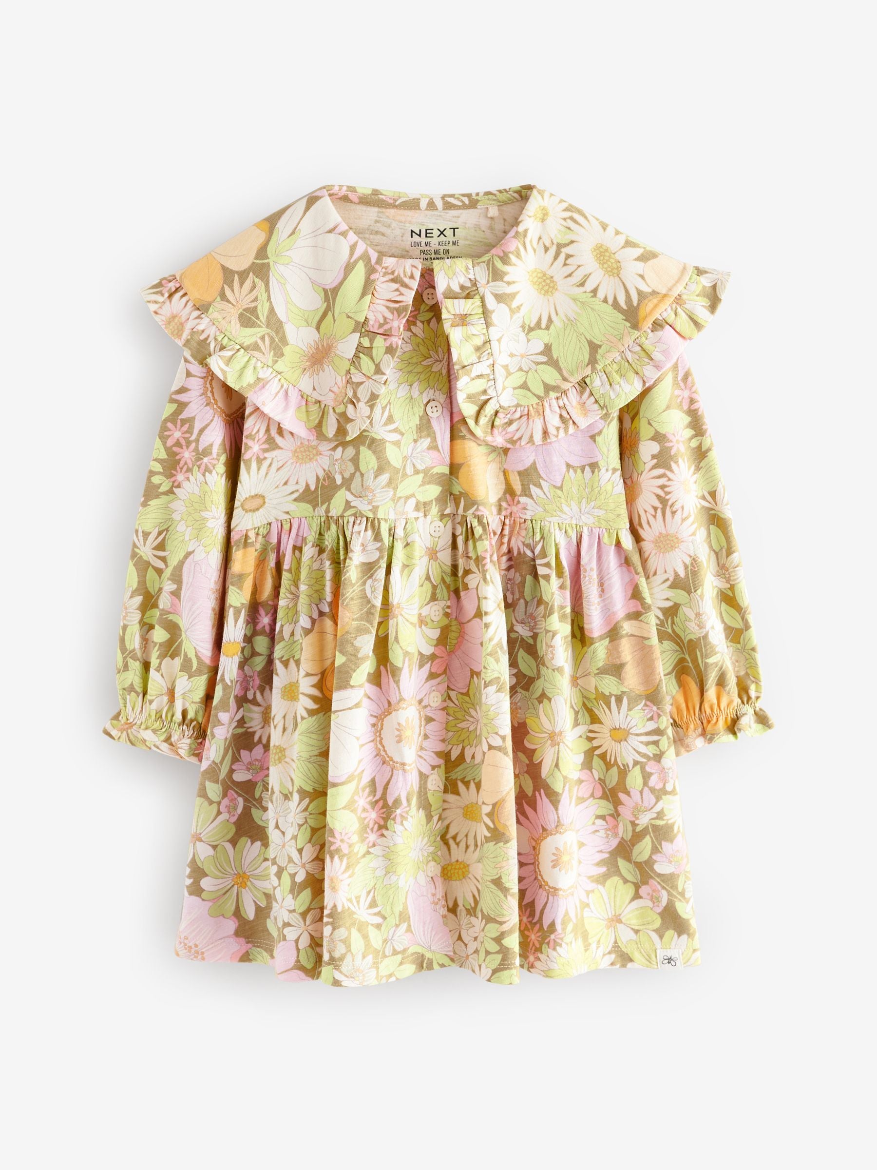 Green Floral Long Sleeve Collar 100% Cotton Dress (3mths-7yrs)