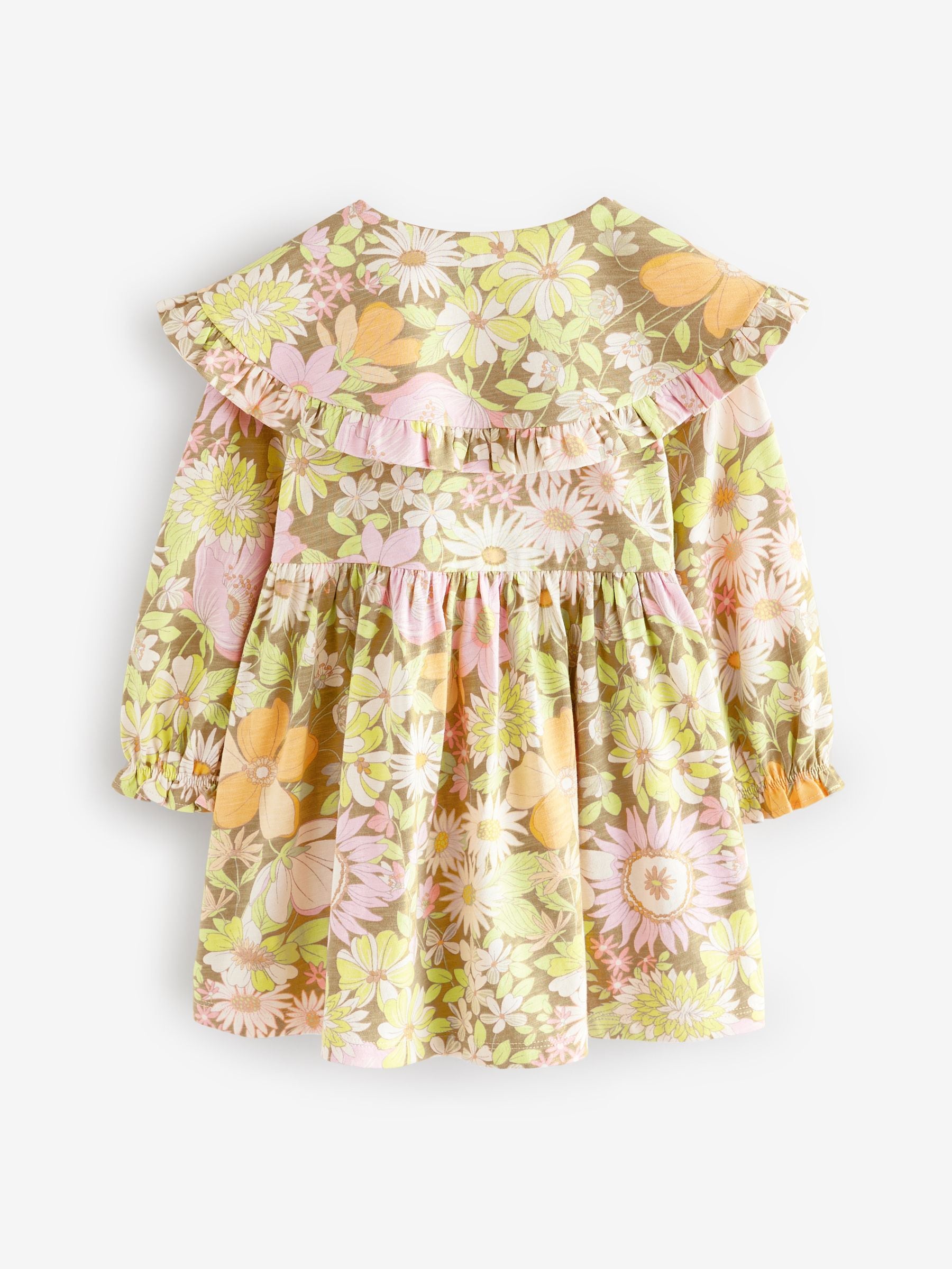 Green Floral Long Sleeve Collar 100% Cotton Dress (3mths-7yrs)