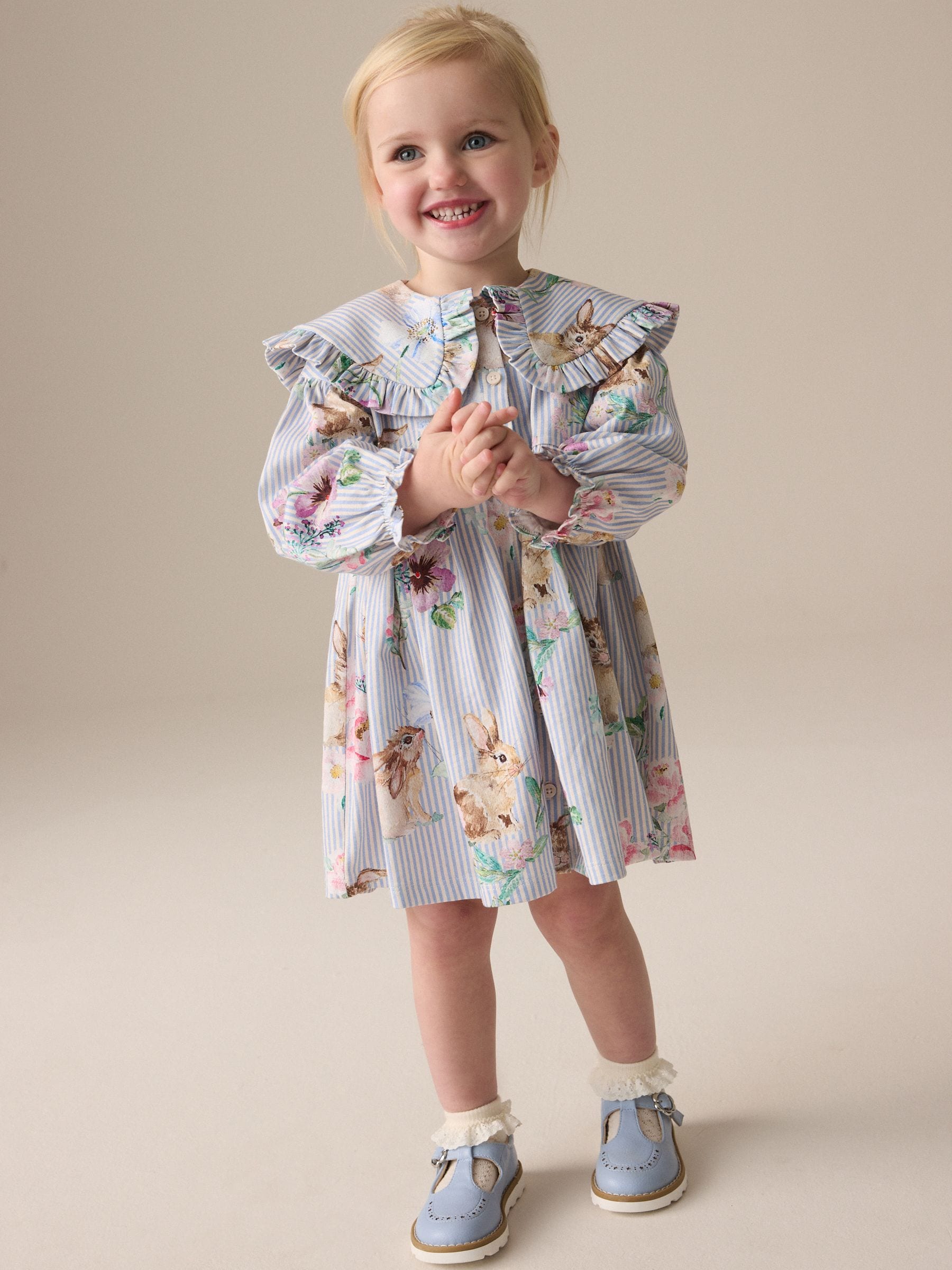 Bunny Blue Long Sleeve Collar 100% Cotton Dress (3mths-7yrs)