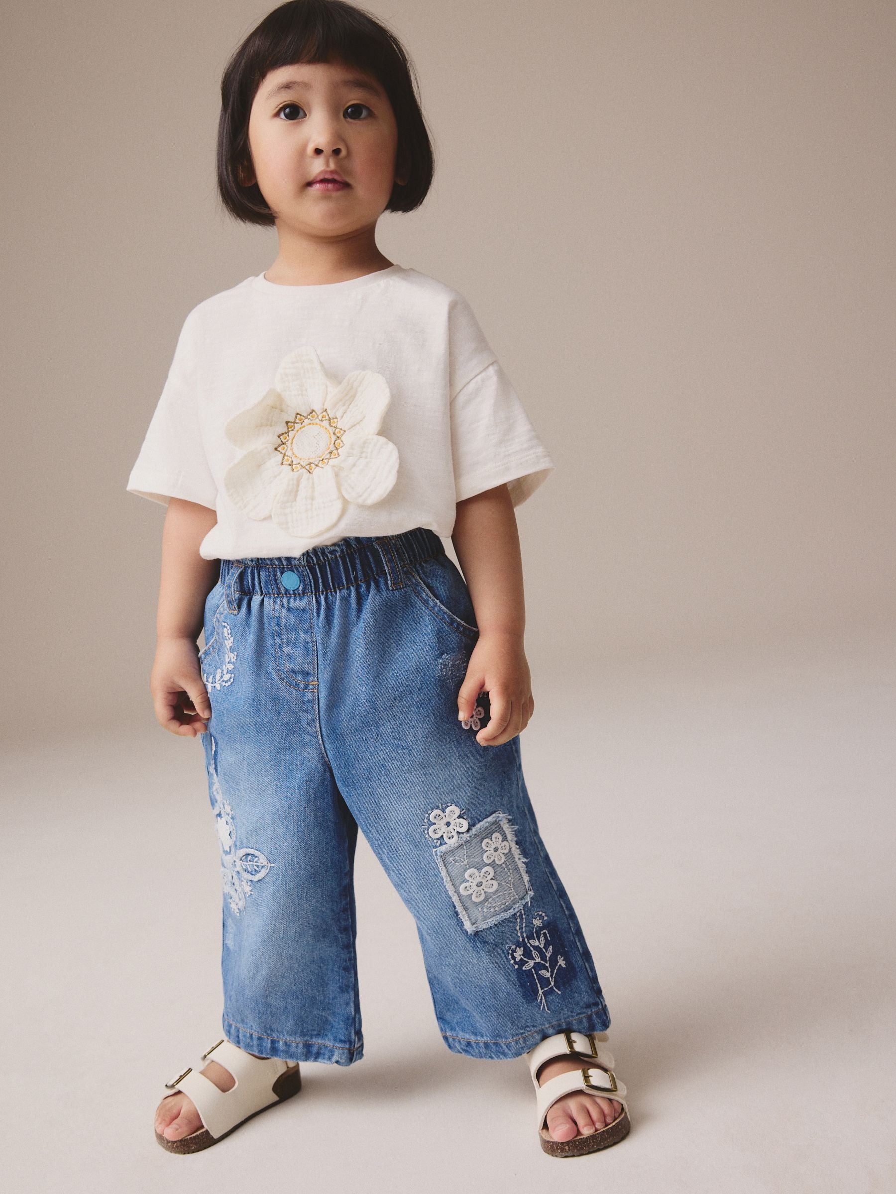 Mid Blue Denim Wide Leg Embellished 100% Cotton Jeans (3mths-7yrs)