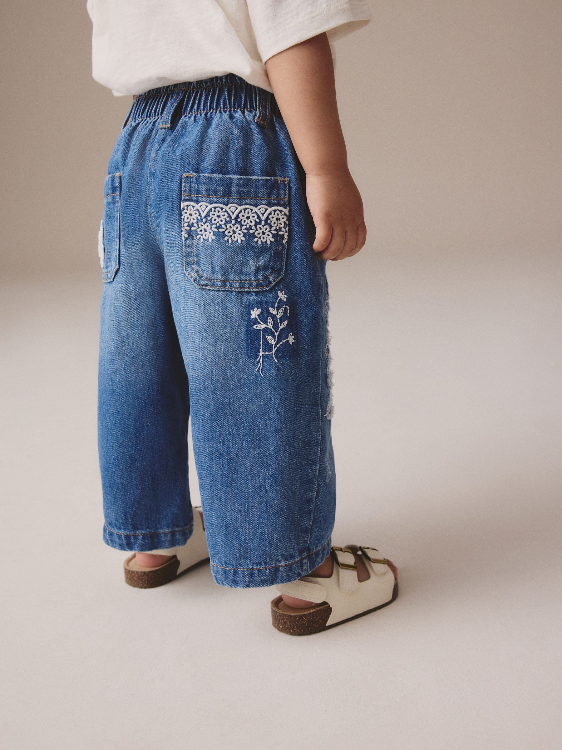 Mid Blue Denim Wide Leg Embellished 100% Cotton Jeans (3mths-7yrs)