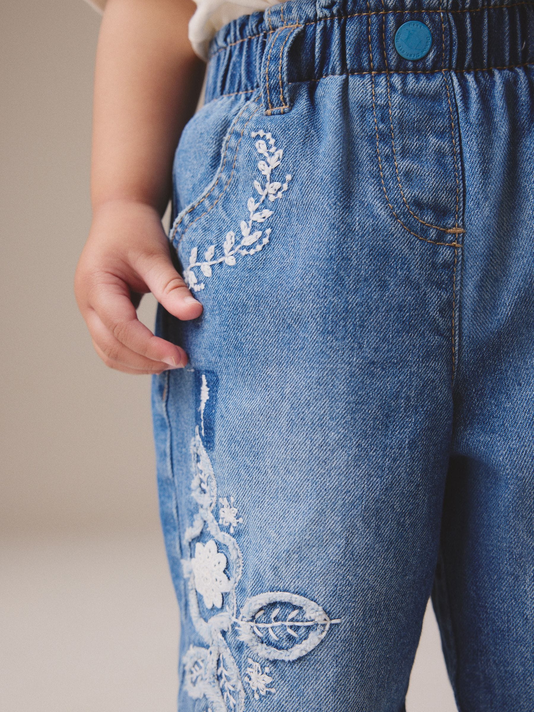 Mid Blue Denim Wide Leg Embellished 100% Cotton Jeans (3mths-7yrs)