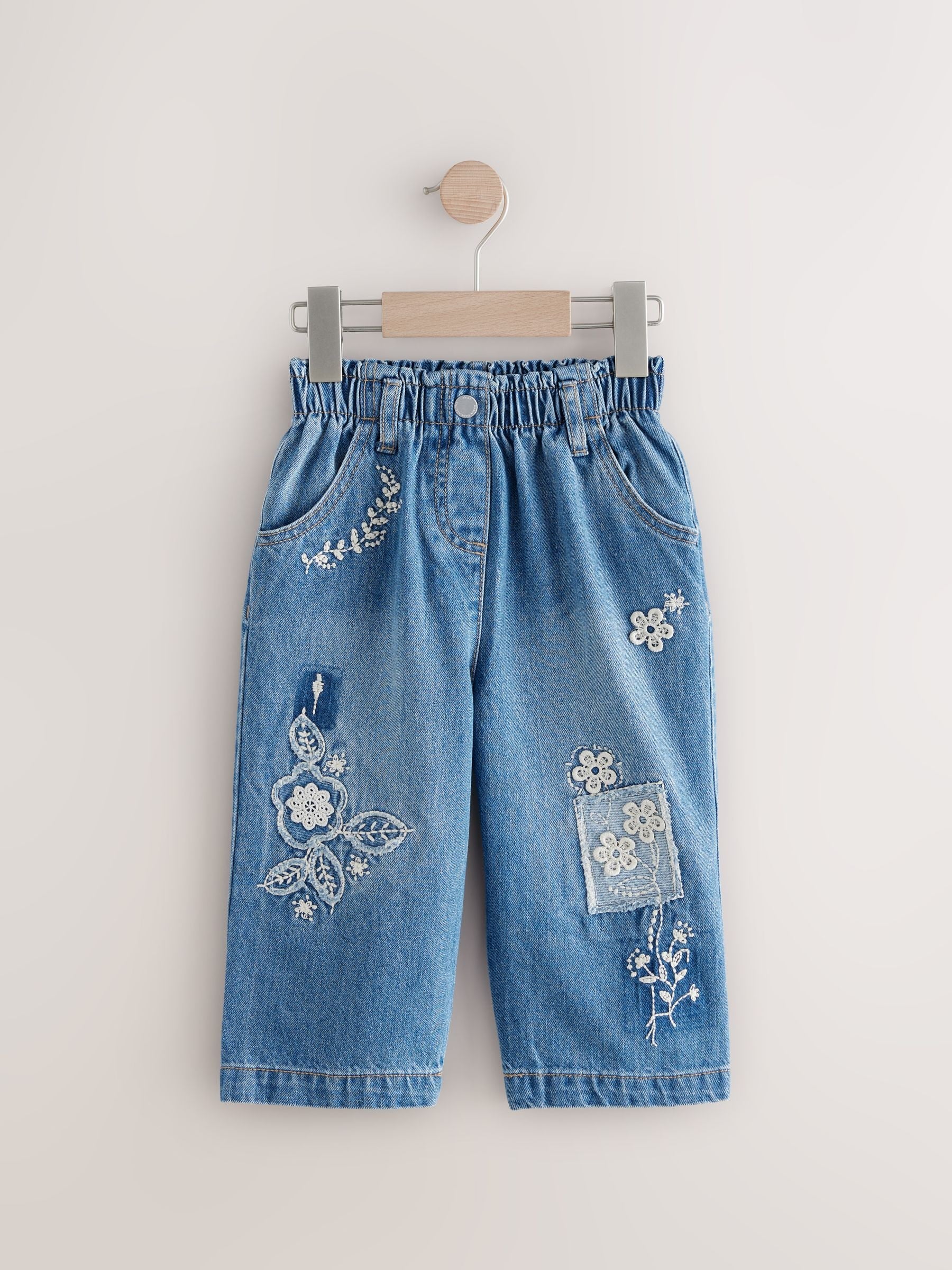 Mid Blue Denim Wide Leg Embellished 100% Cotton Jeans (3mths-7yrs)