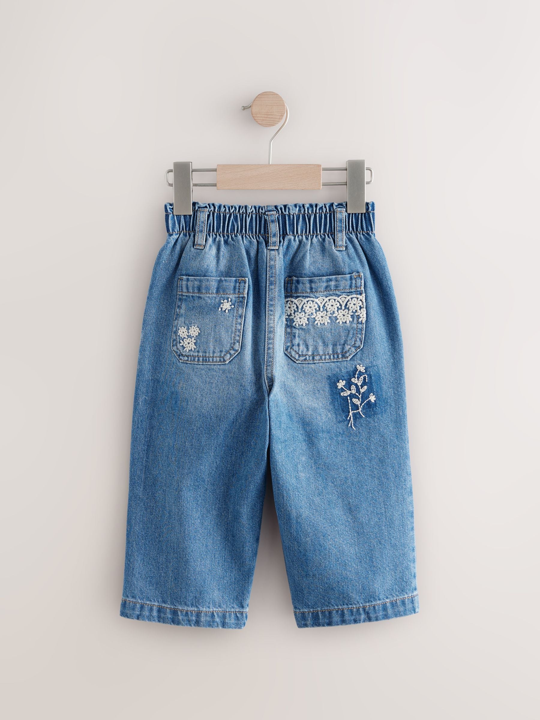 Mid Blue Denim Wide Leg Embellished 100% Cotton Jeans (3mths-7yrs)