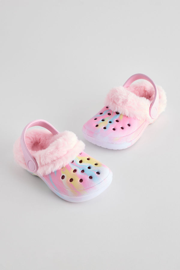 Pink Marble Faux Fur Lined Clog Slippers