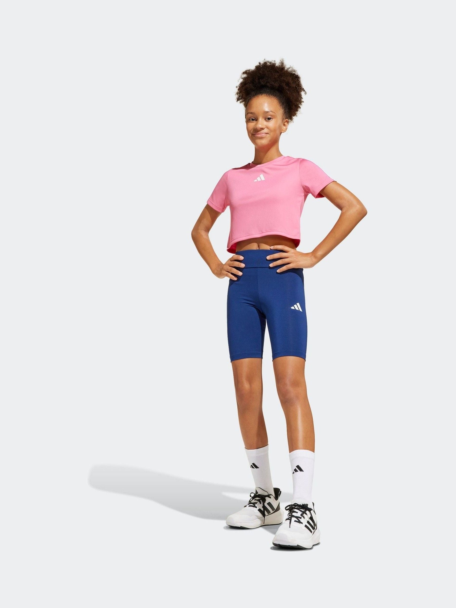 adidas Pink Train Essentials 3 Stripe T-Shirt and Shorts Set