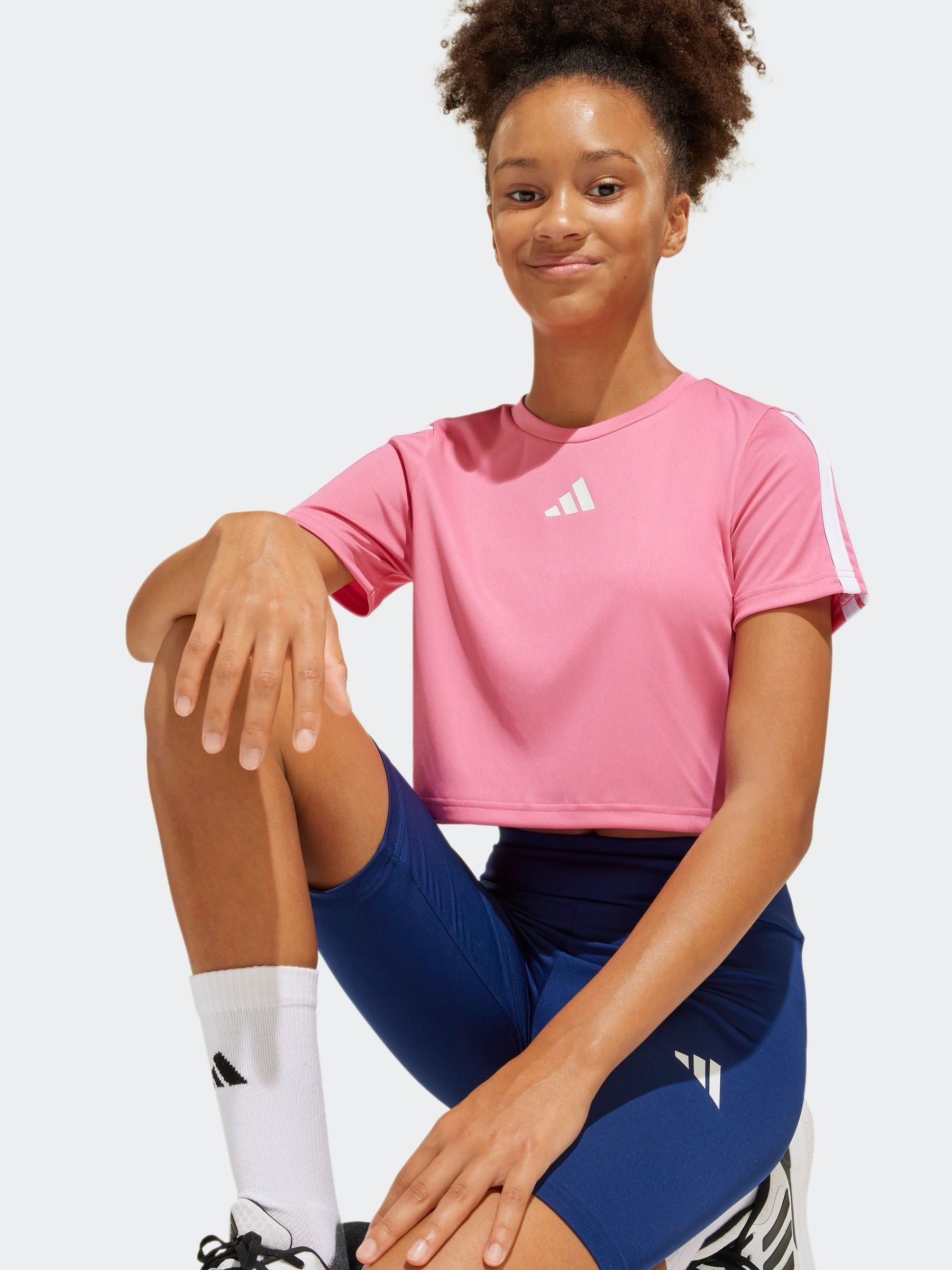 adidas Pink Train Essentials 3 Stripe T-Shirt and Shorts Set