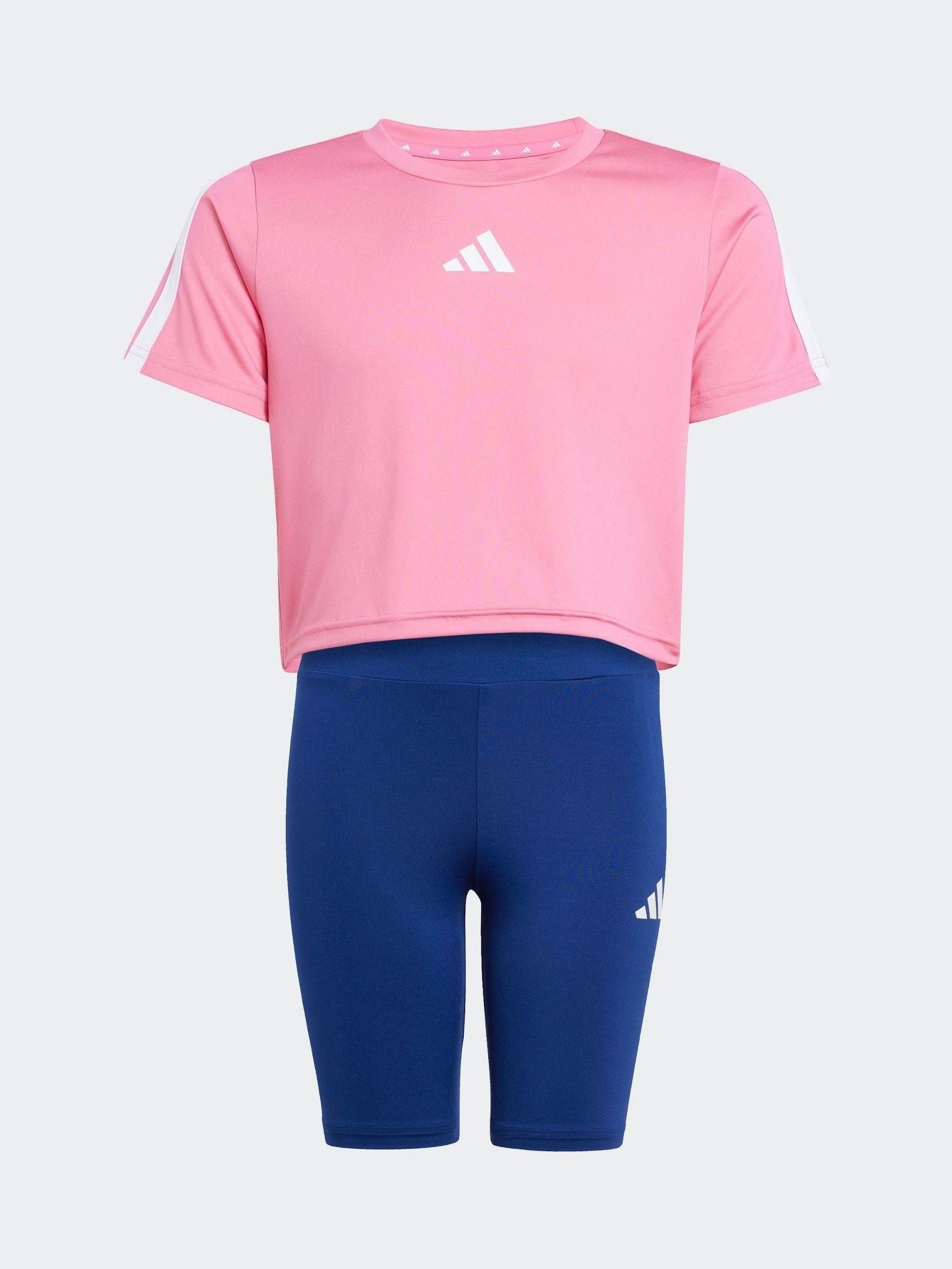 adidas Pink Train Essentials 3 Stripe T-Shirt and Shorts Set