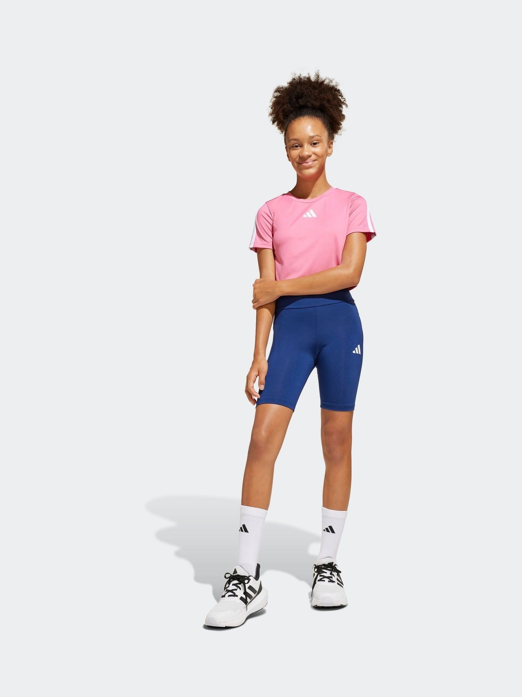 adidas Pink Train Essentials 3 Stripe T-Shirt and Shorts Set