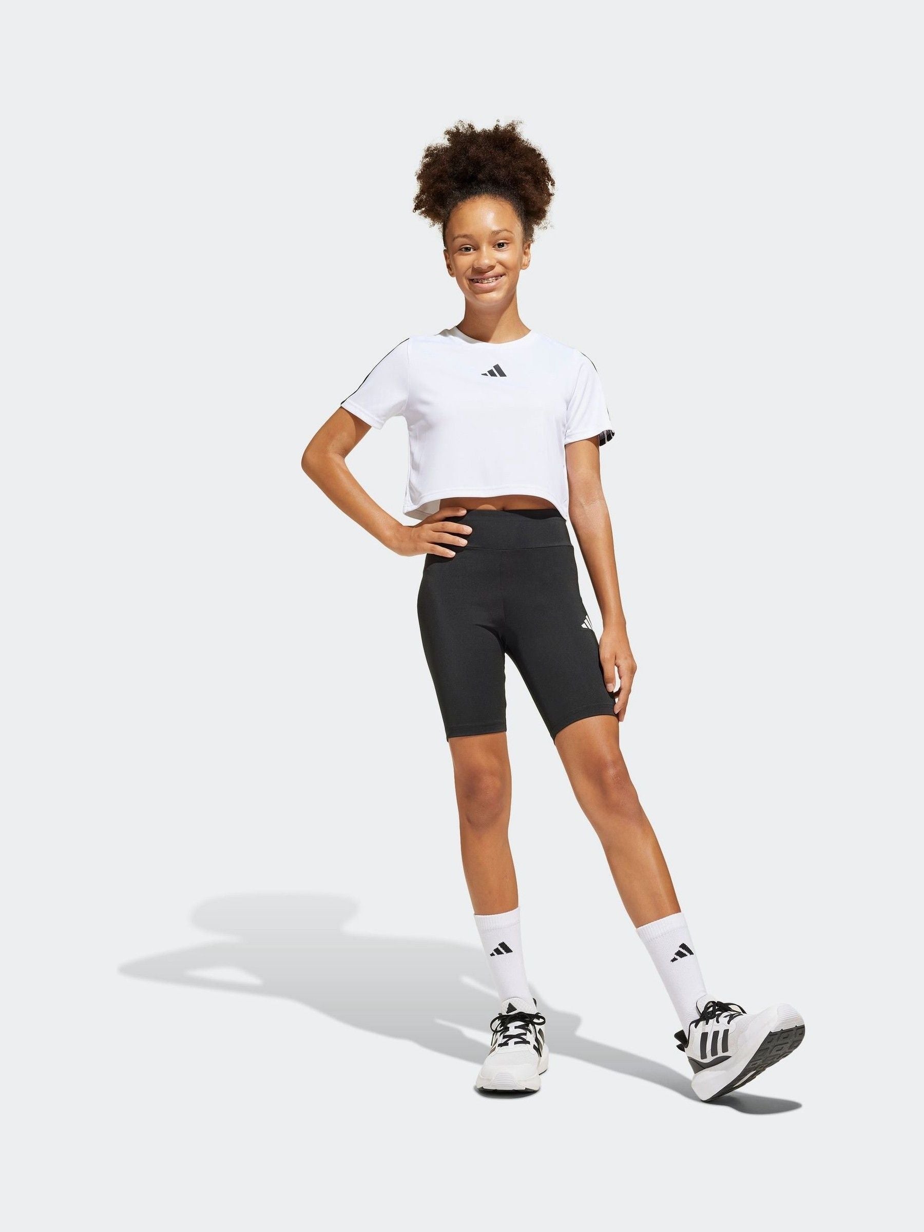 adidas White Train Essentials 3 Stripe T-Shirt and Shorts Set