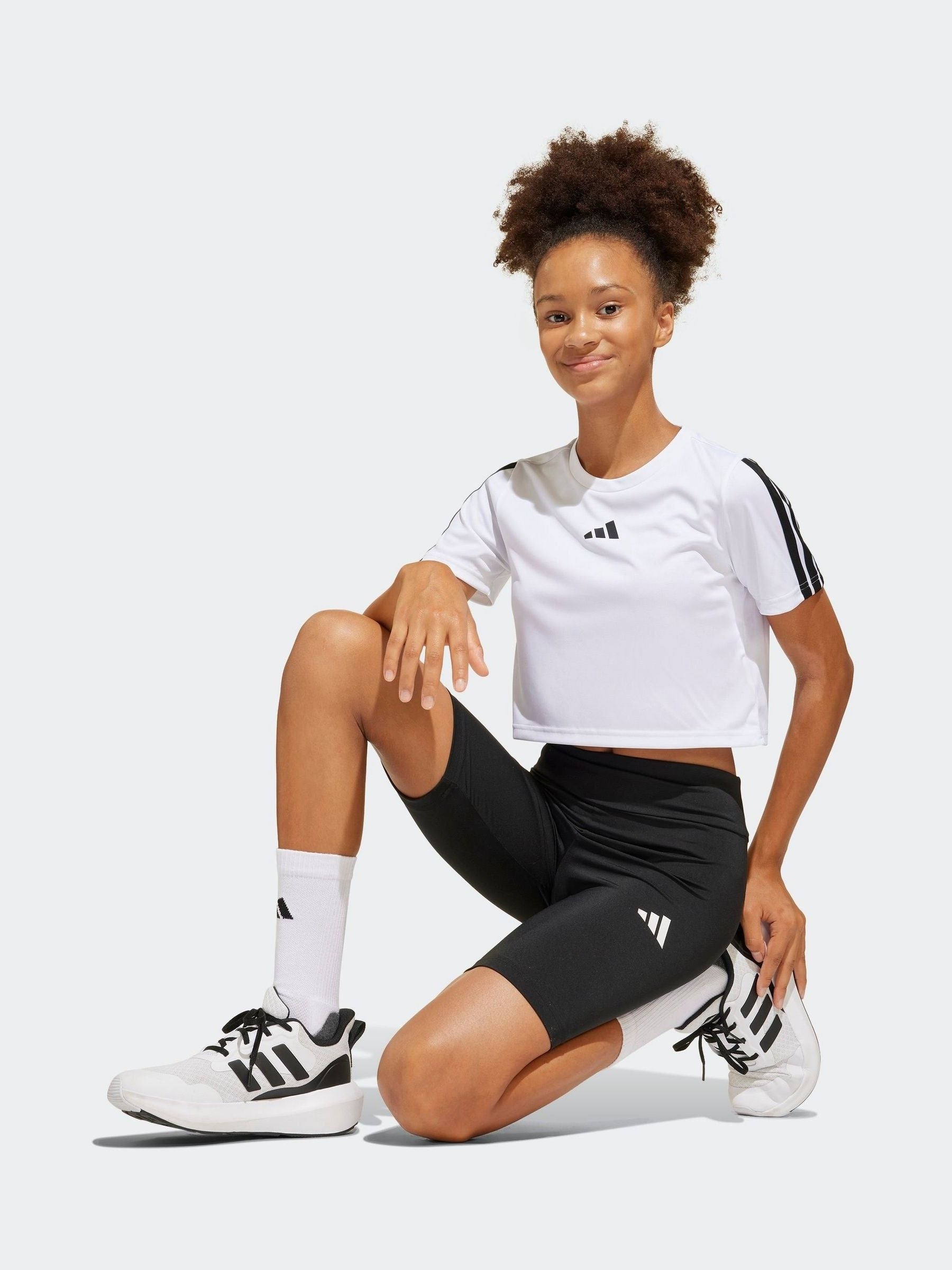 adidas White Train Essentials 3 Stripe T-Shirt and Shorts Set