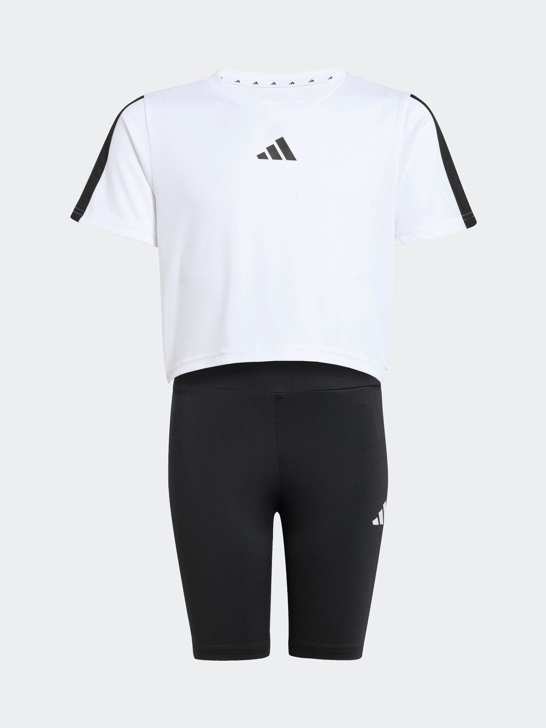 adidas White Train Essentials 3 Stripe T-Shirt and Shorts Set