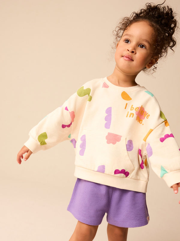 Cream/Purple 100% Cotton Sweatshirt and Shorts Set (3mths-7yrs)