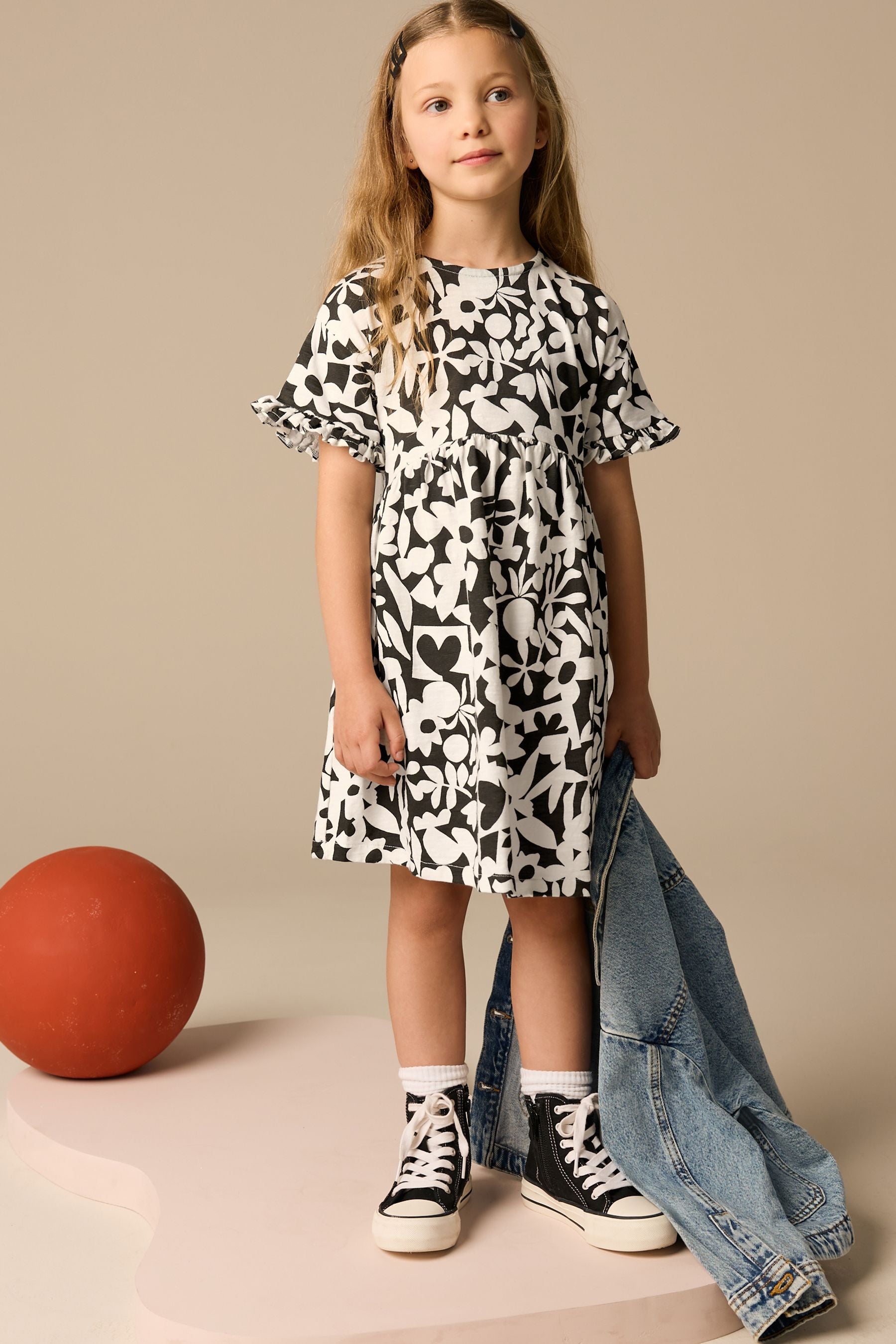 Black/White Stampy Short Sleeve Jersey 100% Cotton Dress (3-16yrs)