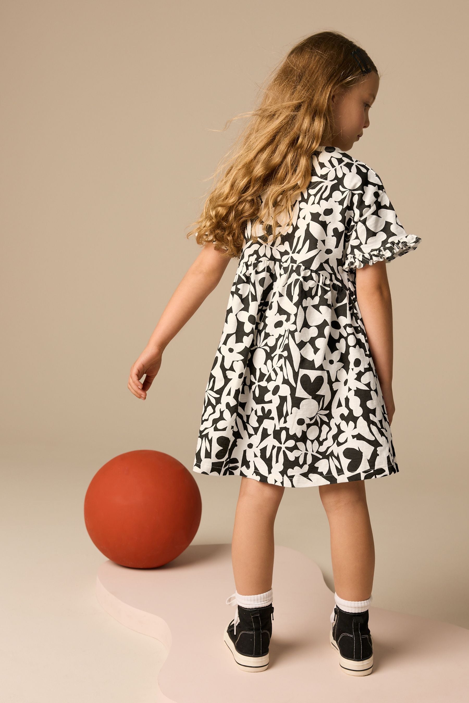 Black/White Stampy Short Sleeve Jersey 100% Cotton Dress (3-16yrs)