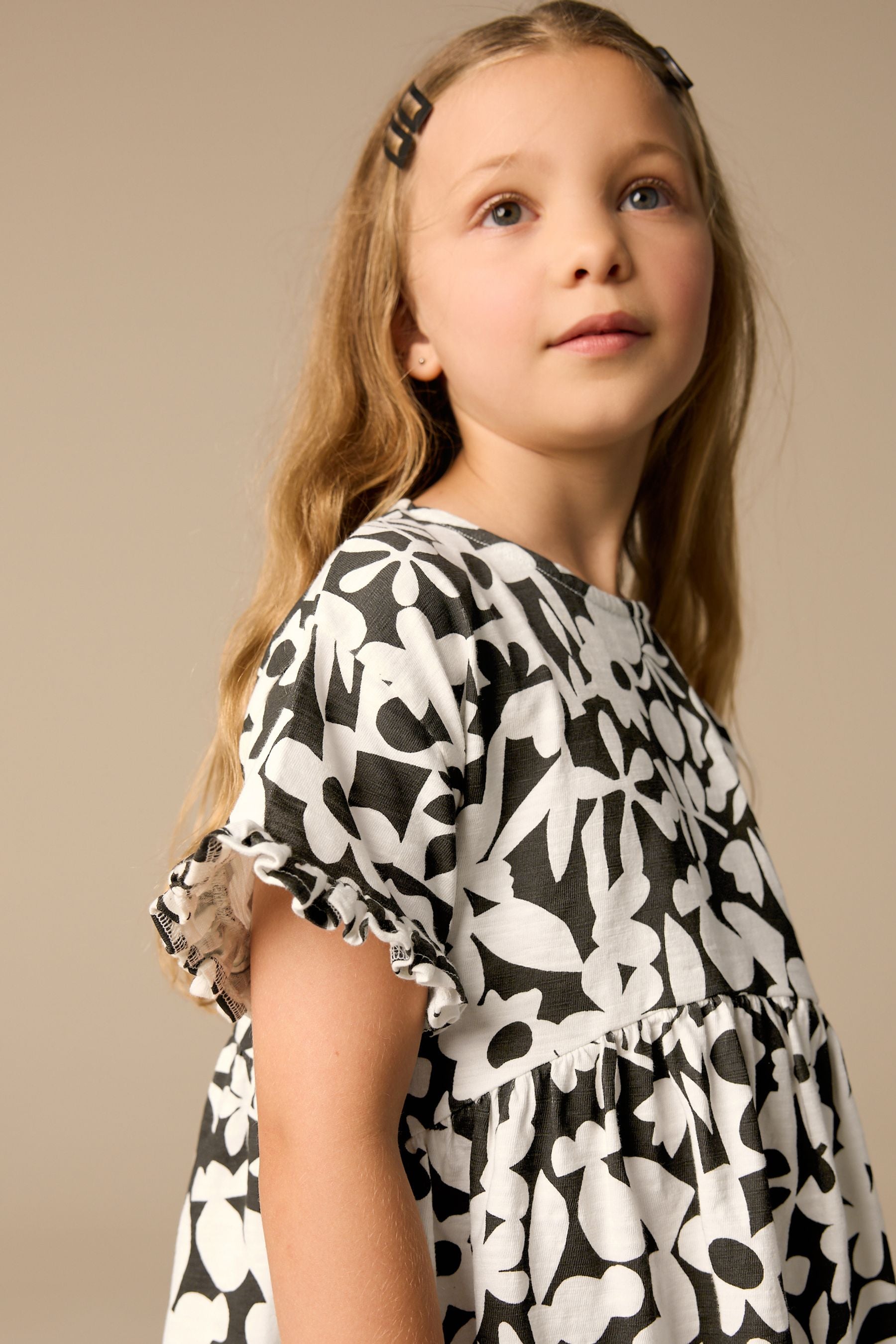 Black/White Stampy Short Sleeve Jersey 100% Cotton Dress (3-16yrs)