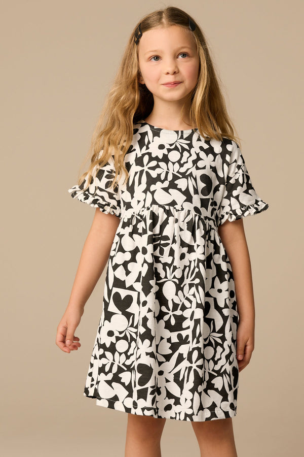 Black/White Stampy Short Sleeve Jersey 100% Cotton Dress (3-16yrs)