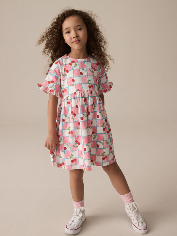 Pink/Blue Cherry Gingham Short Sleeve Jersey 100% Cotton Dress (3-16yrs)