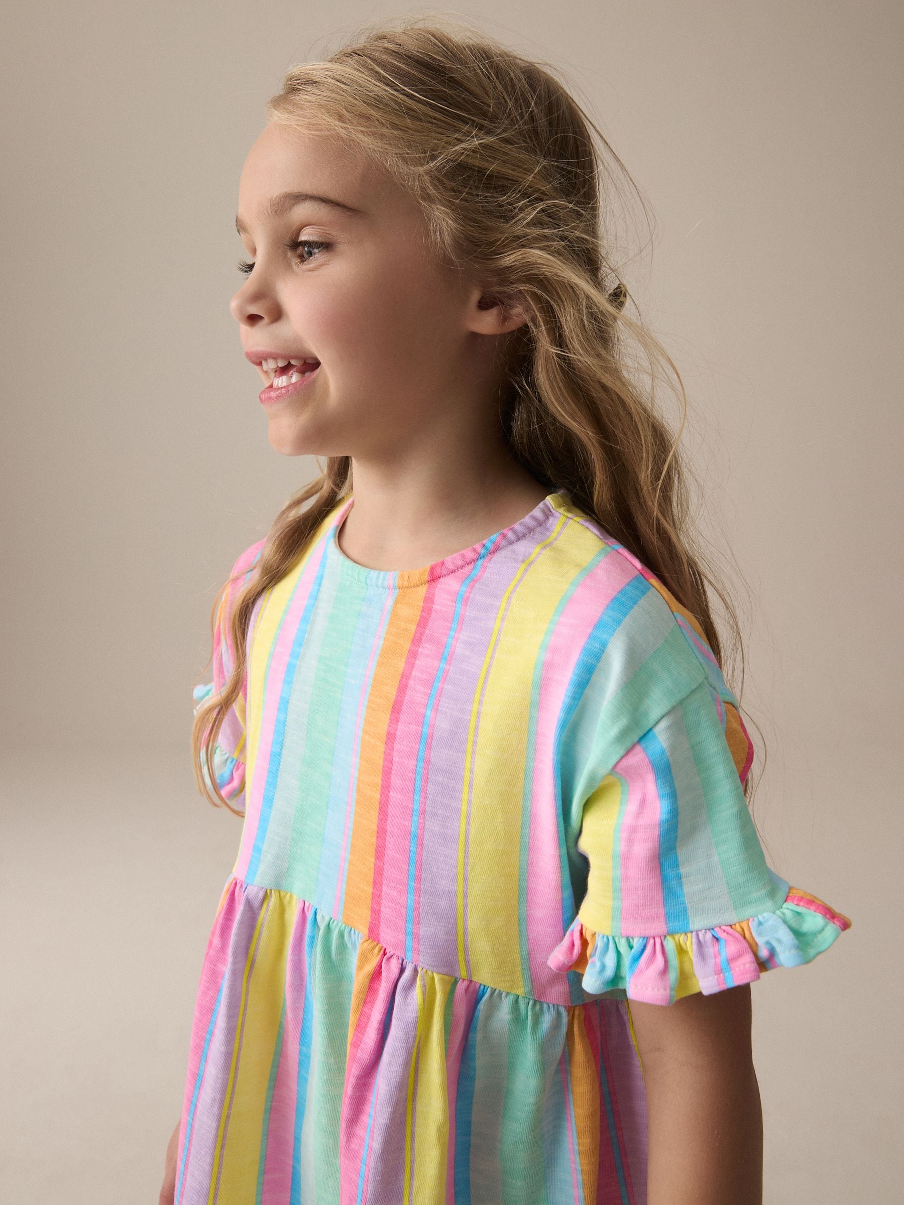 Rainbow Stripe Short Sleeve Jersey 100% Cotton Dress (3-16yrs)