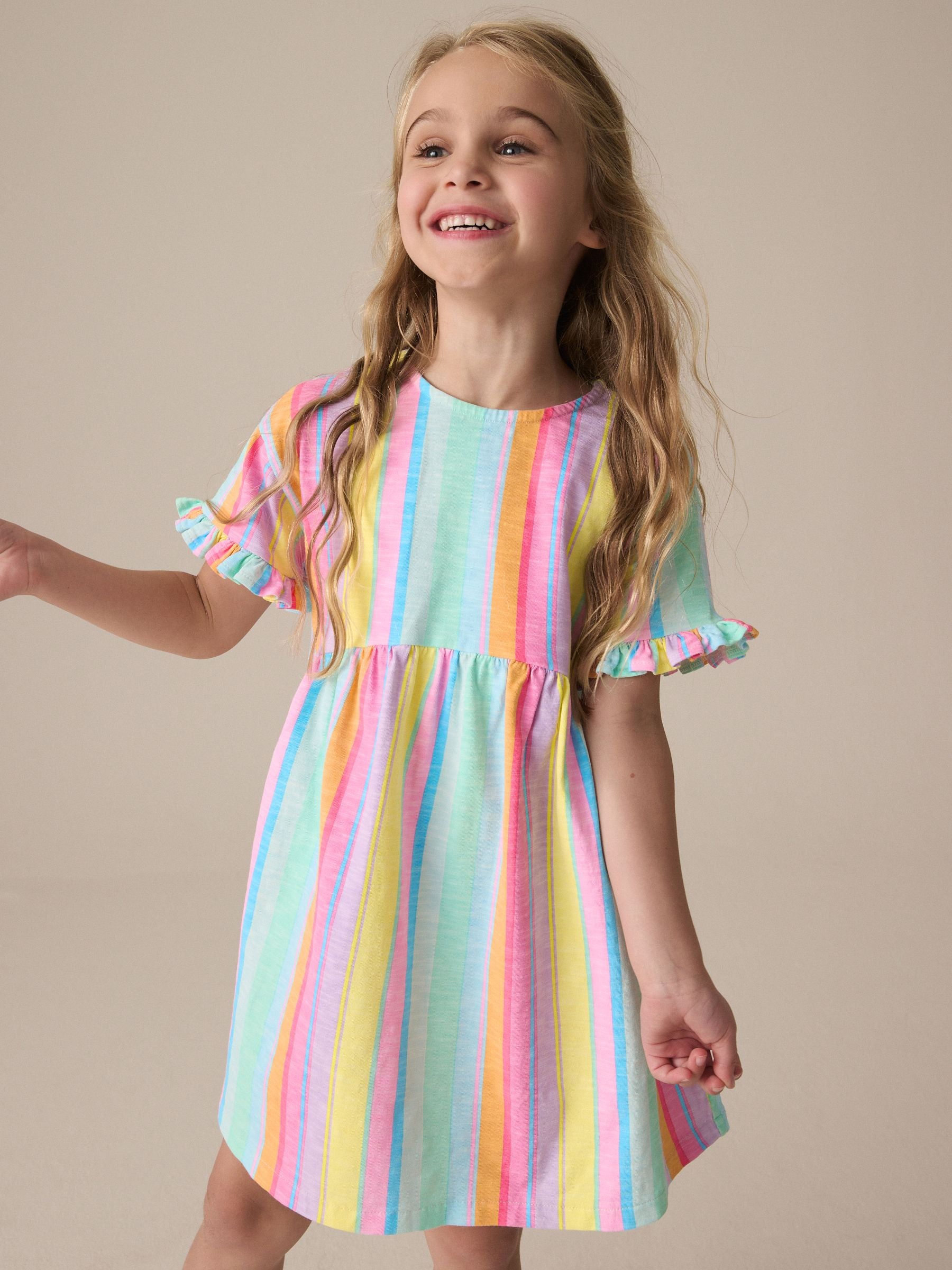 Rainbow Stripe Short Sleeve Jersey 100% Cotton Dress (3-16yrs)