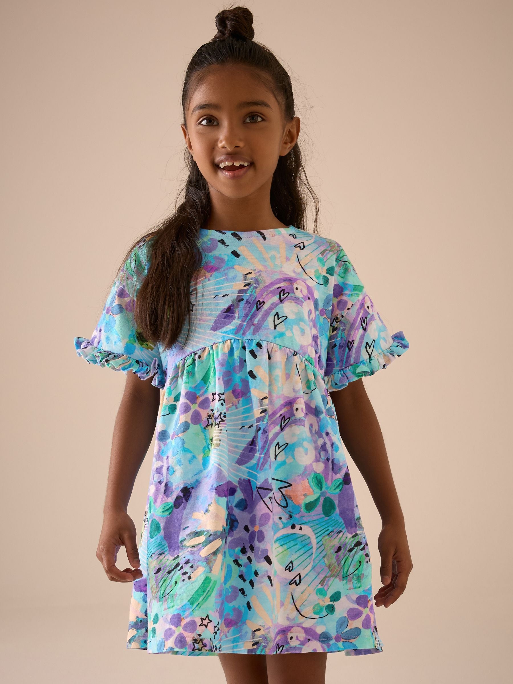 Blue Graffiti Print Short Sleeve Jersey 100% Cotton Dress (3-16yrs)