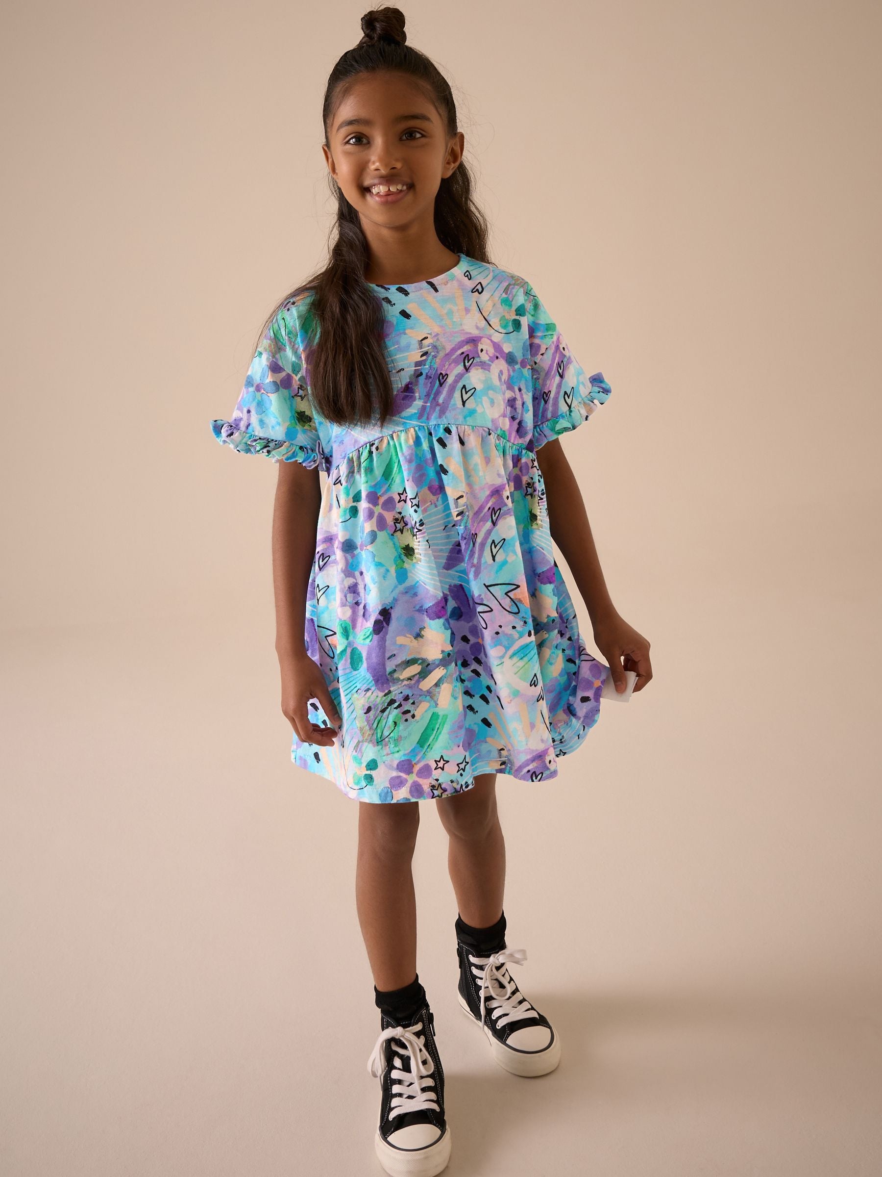 Blue Graffiti Print Short Sleeve Jersey 100% Cotton Dress (3-16yrs)