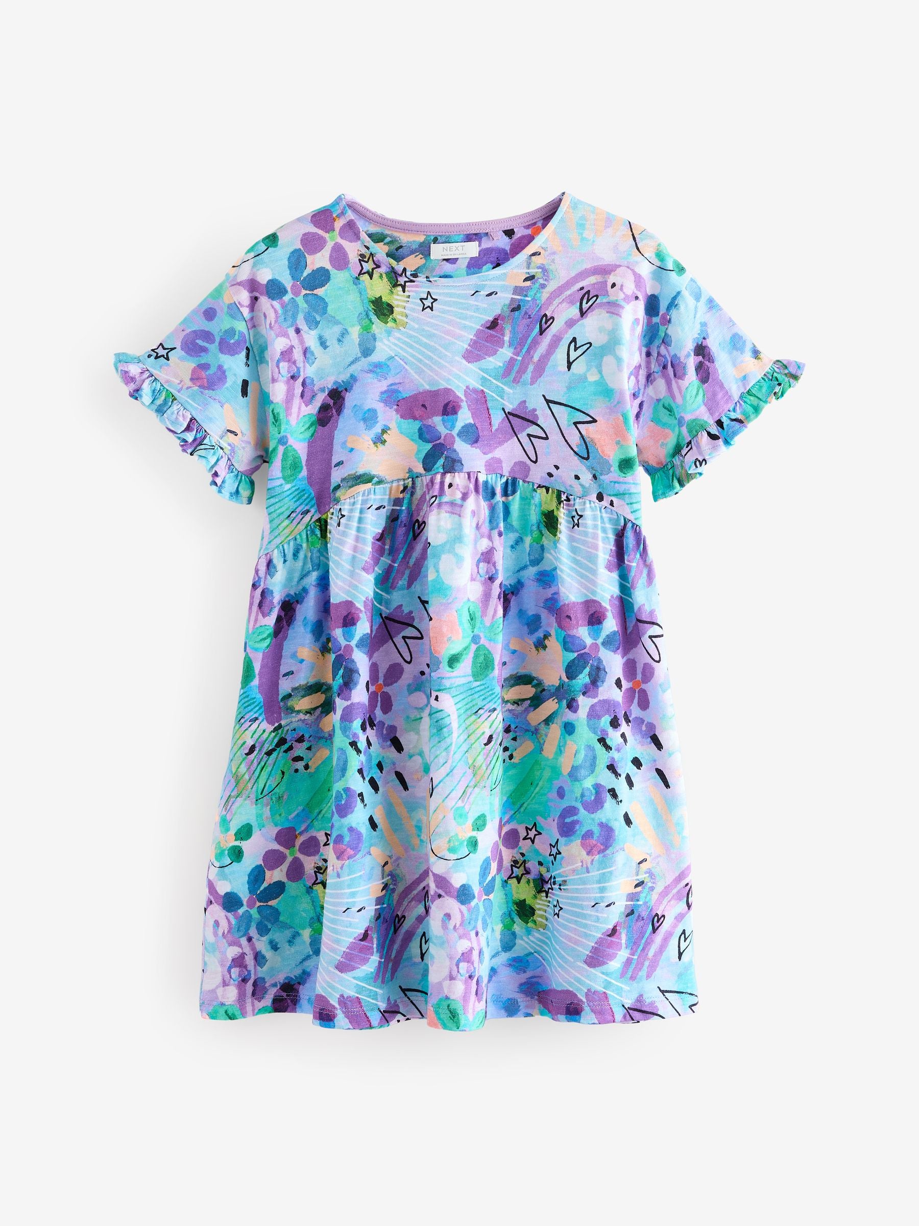 Blue Graffiti Print Short Sleeve Jersey 100% Cotton Dress (3-16yrs)