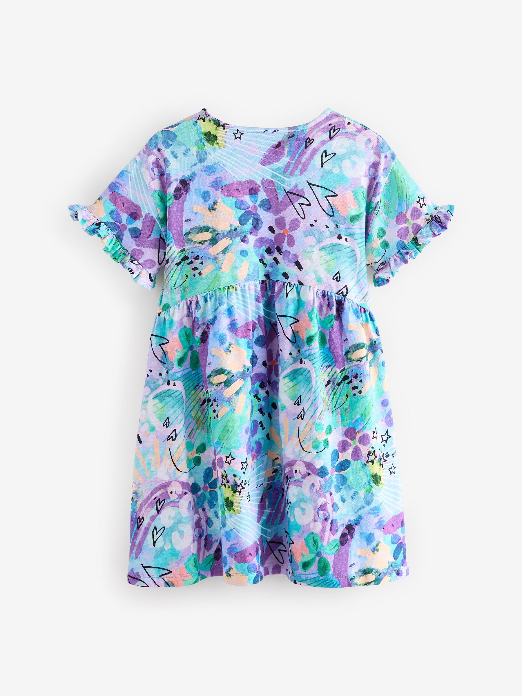 Blue Graffiti Print Short Sleeve Jersey 100% Cotton Dress (3-16yrs)