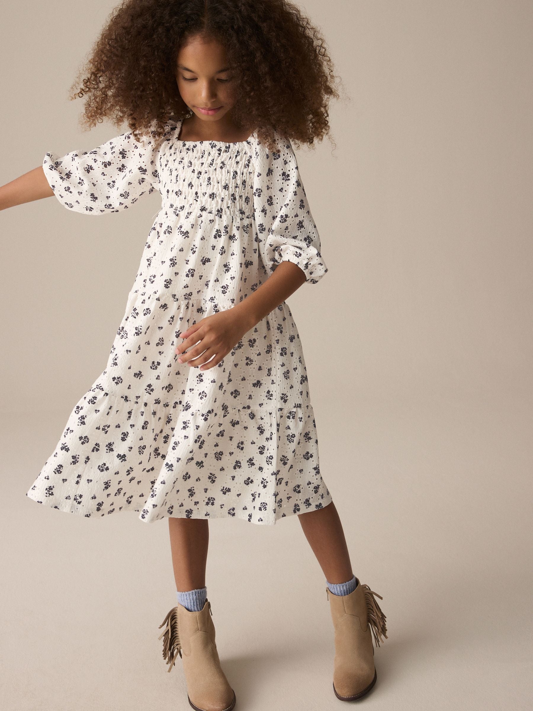 Ecru Ditsy Flower Tiered Broderie Dress (3-16yrs)