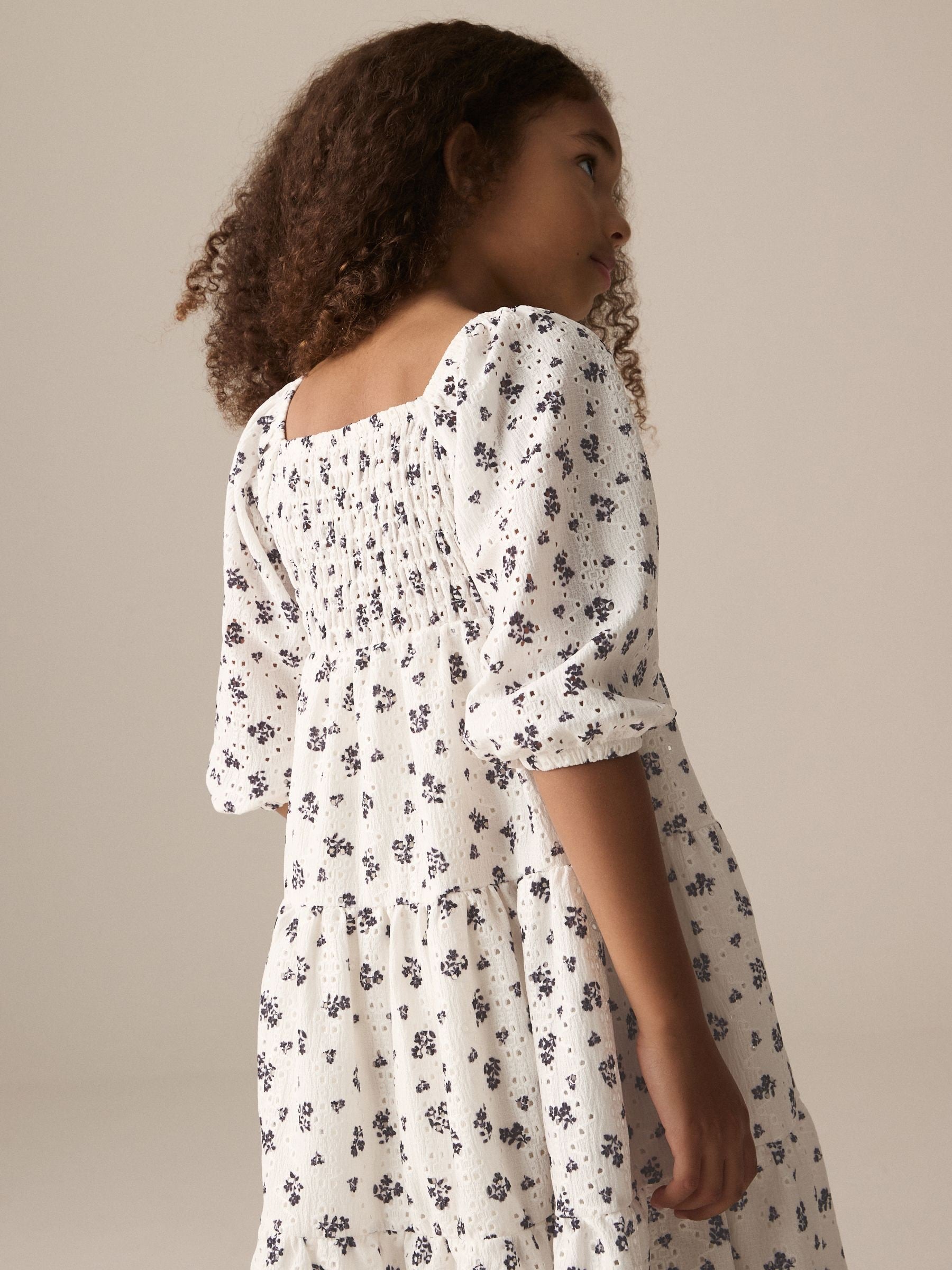 Ecru Ditsy Flower Tiered Broderie Dress (3-16yrs)