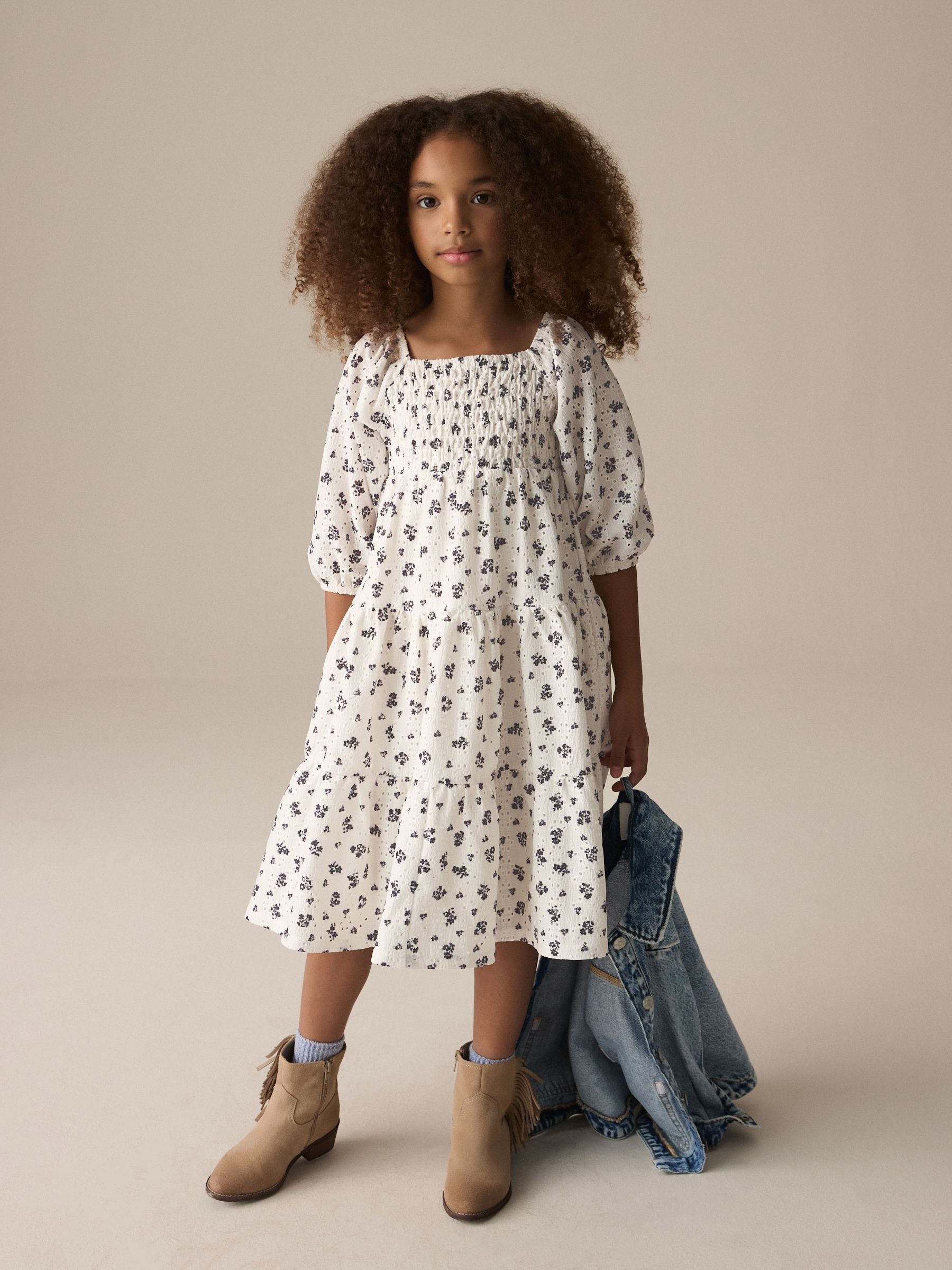 Ecru Ditsy Flower Tiered Broderie Dress (3-16yrs)