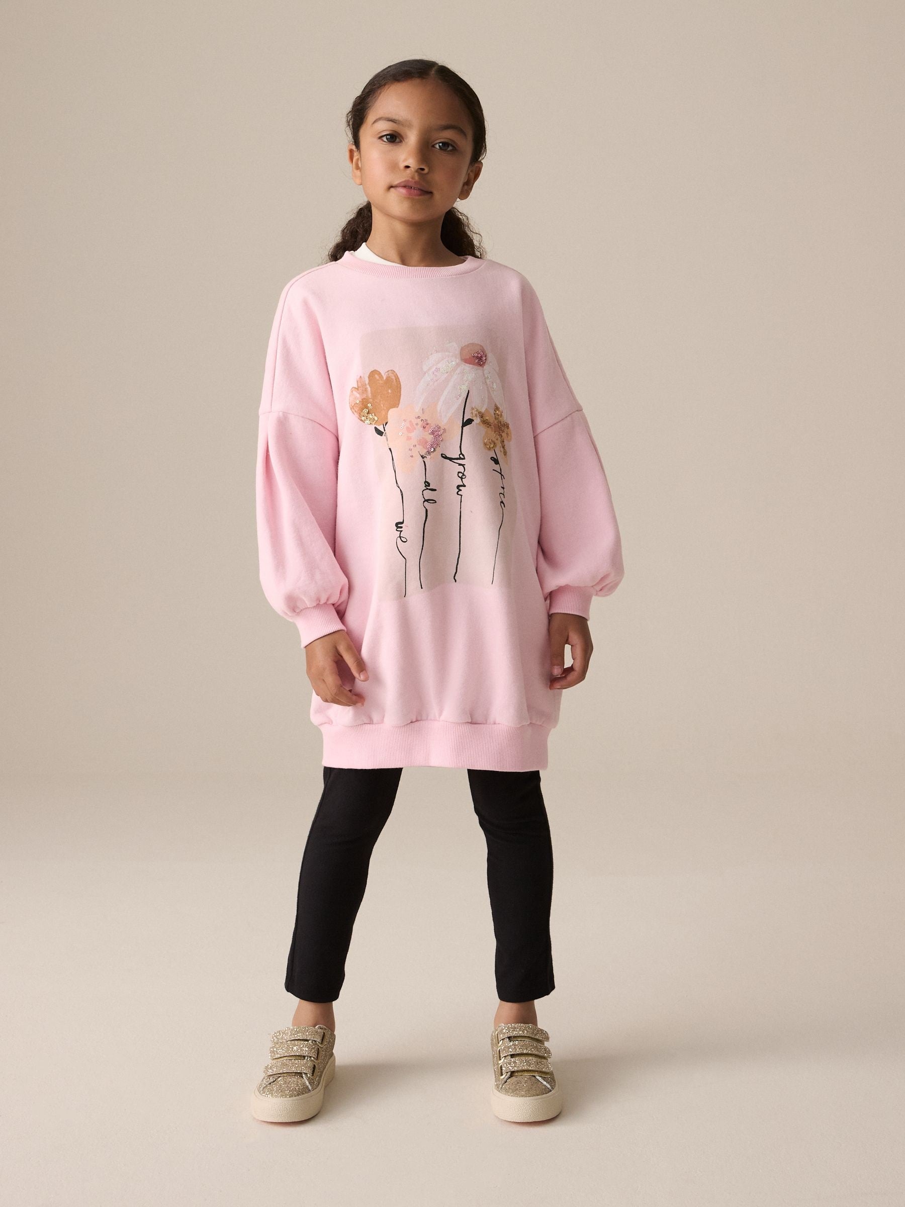 Pink Flower Graphic Jumper Dress (3-16yrs)