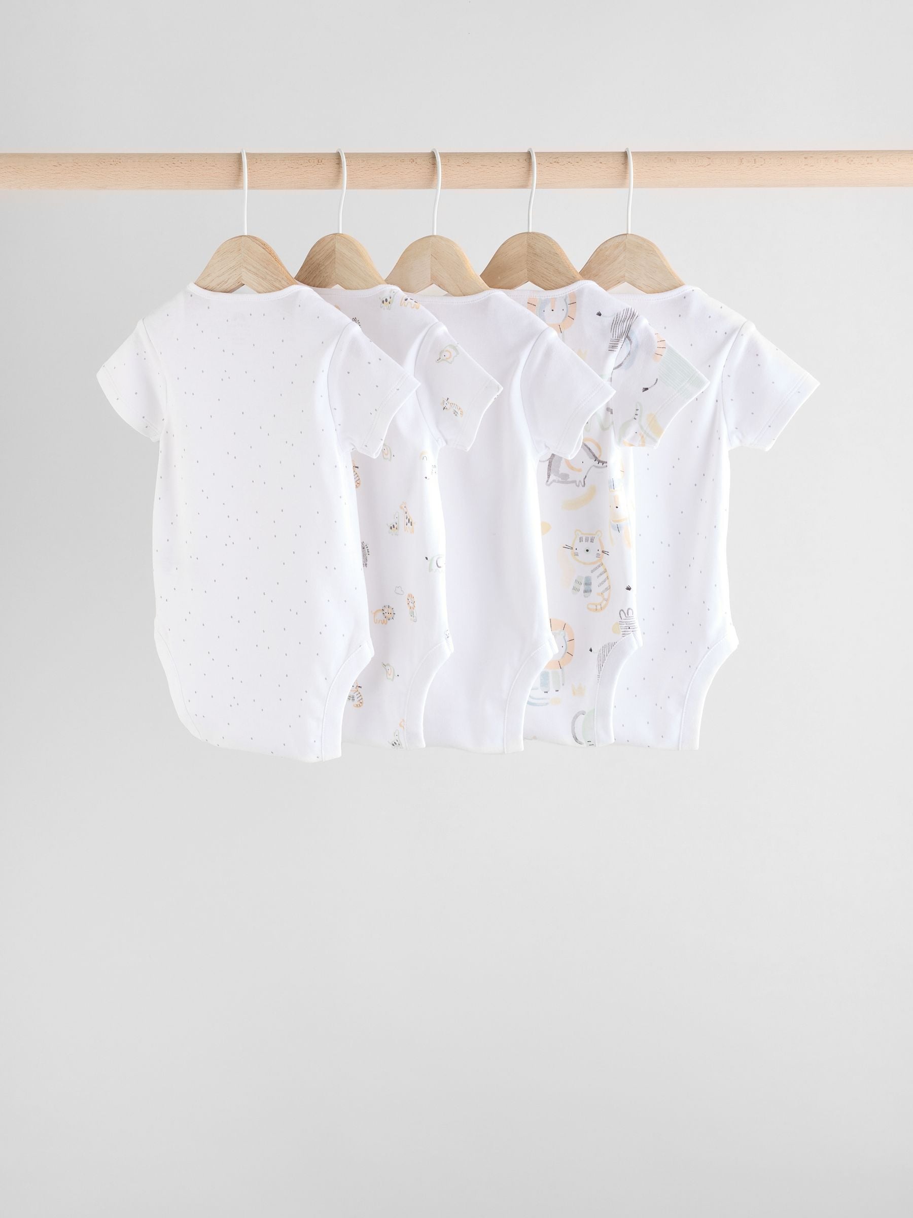 White Baby Animal Print Short Sleeve 100% Cotton Bodysuit 5 Pack