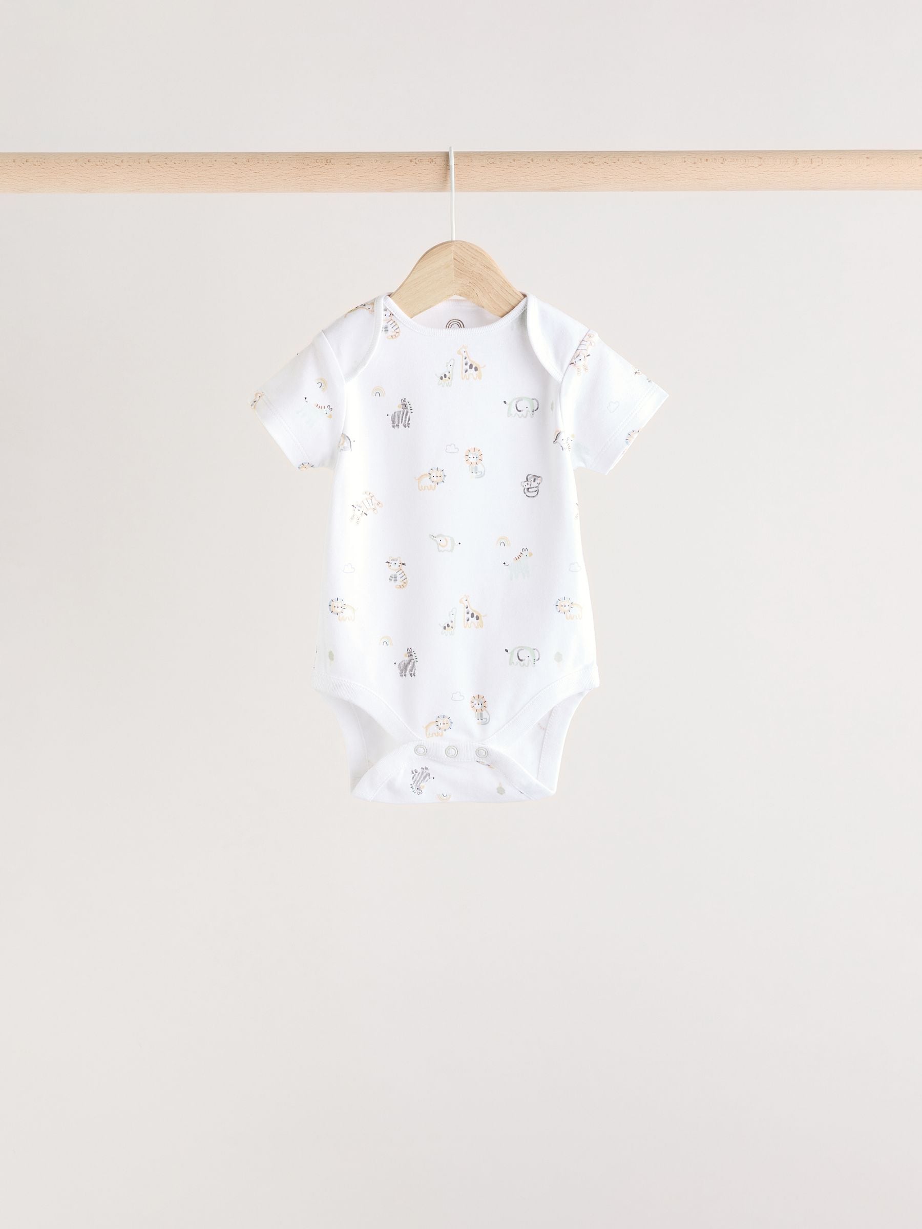 White Baby Animal Print Short Sleeve 100% Cotton Bodysuit 5 Pack