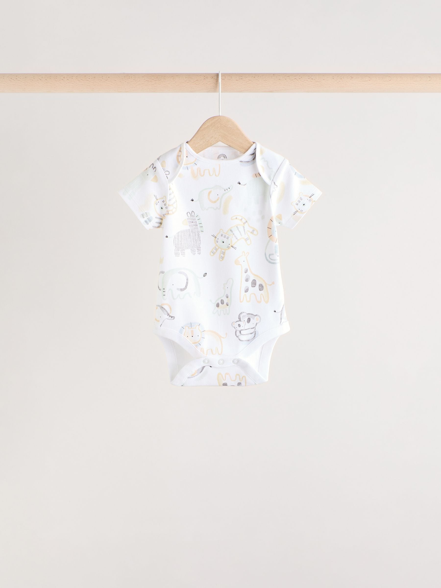 White Baby Animal Print Short Sleeve 100% Cotton Bodysuit 5 Pack