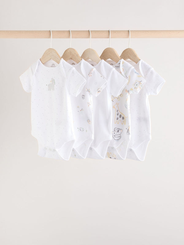 White Baby Animal Print Short Sleeve 100% Cotton Bodysuit 5 Pack