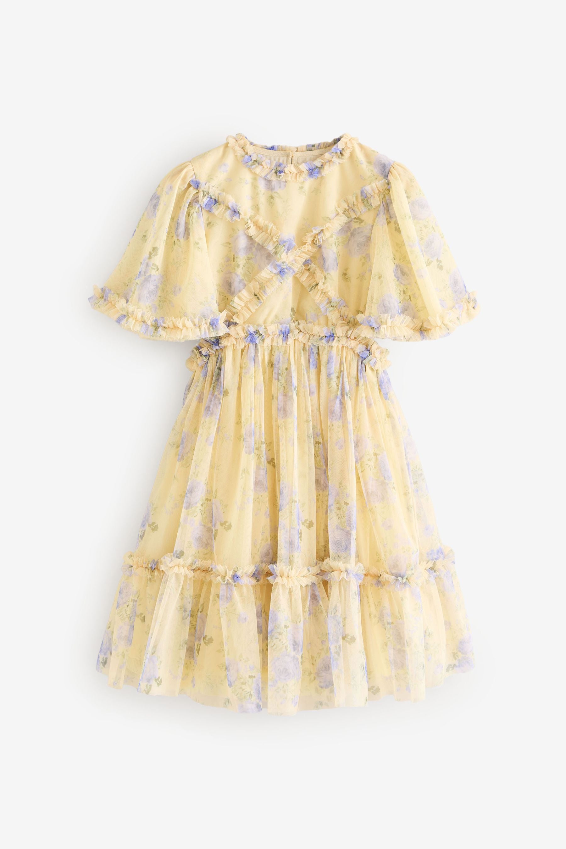 Yellow Floral Cut Out Mesh Printed Dress (3-16yrs)