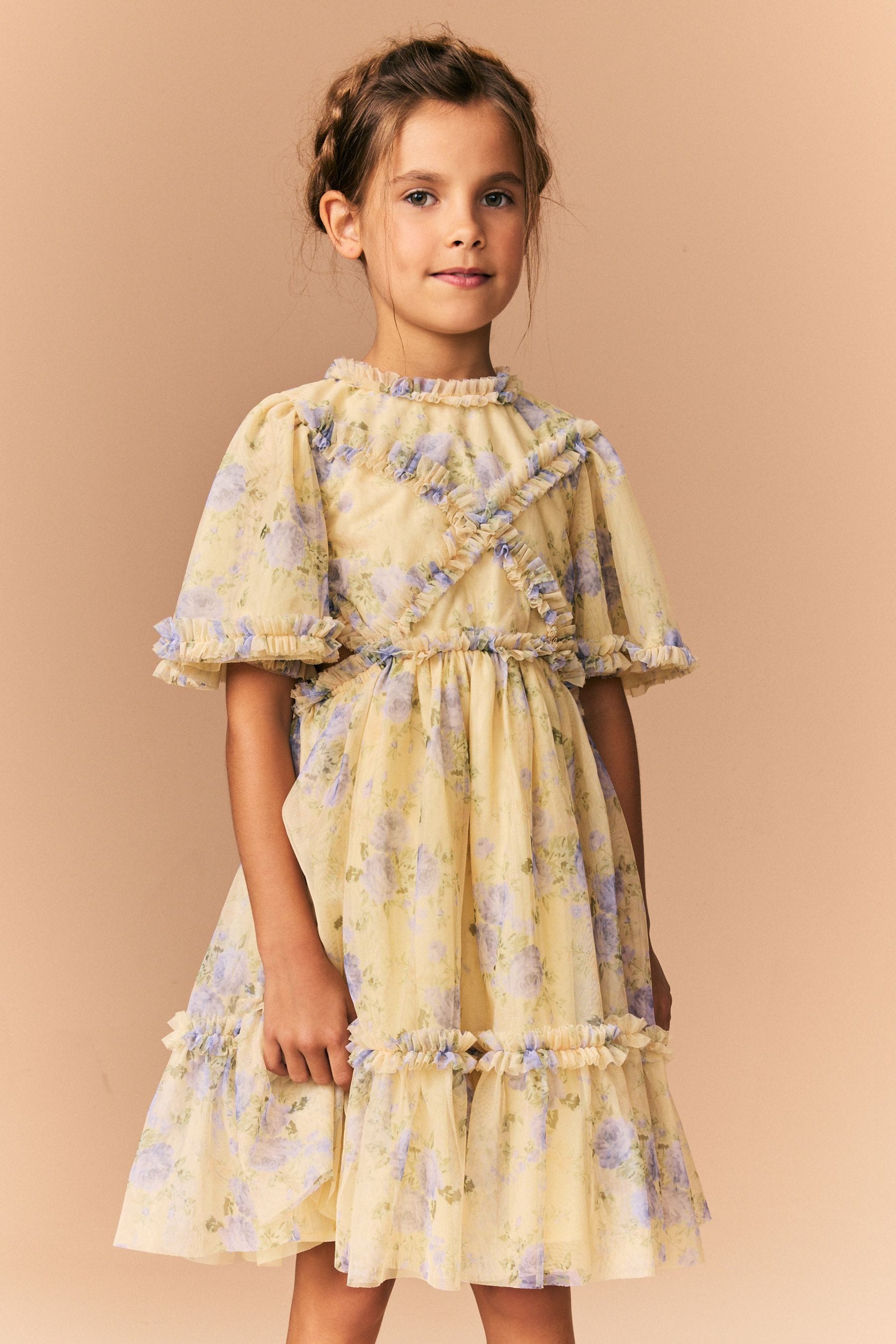 Yellow Floral Cut Out Mesh Printed Occasion Dress (3-16yrs)