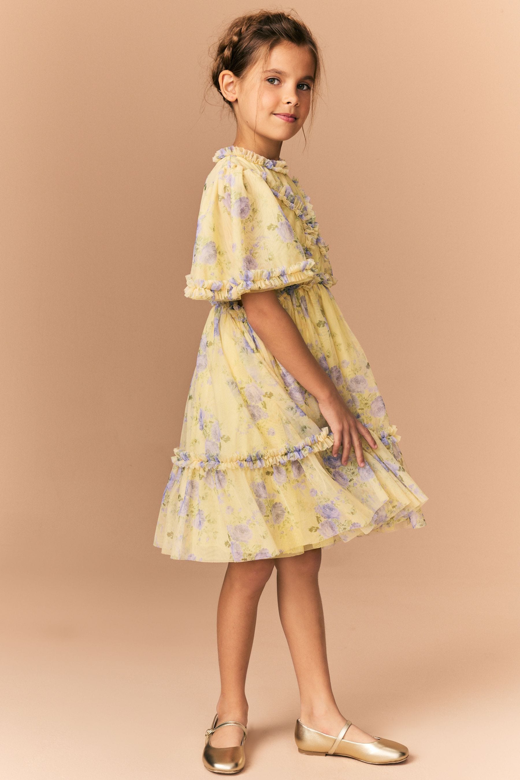 Yellow Floral Cut Out Mesh Printed Occasion Dress (3-16yrs)