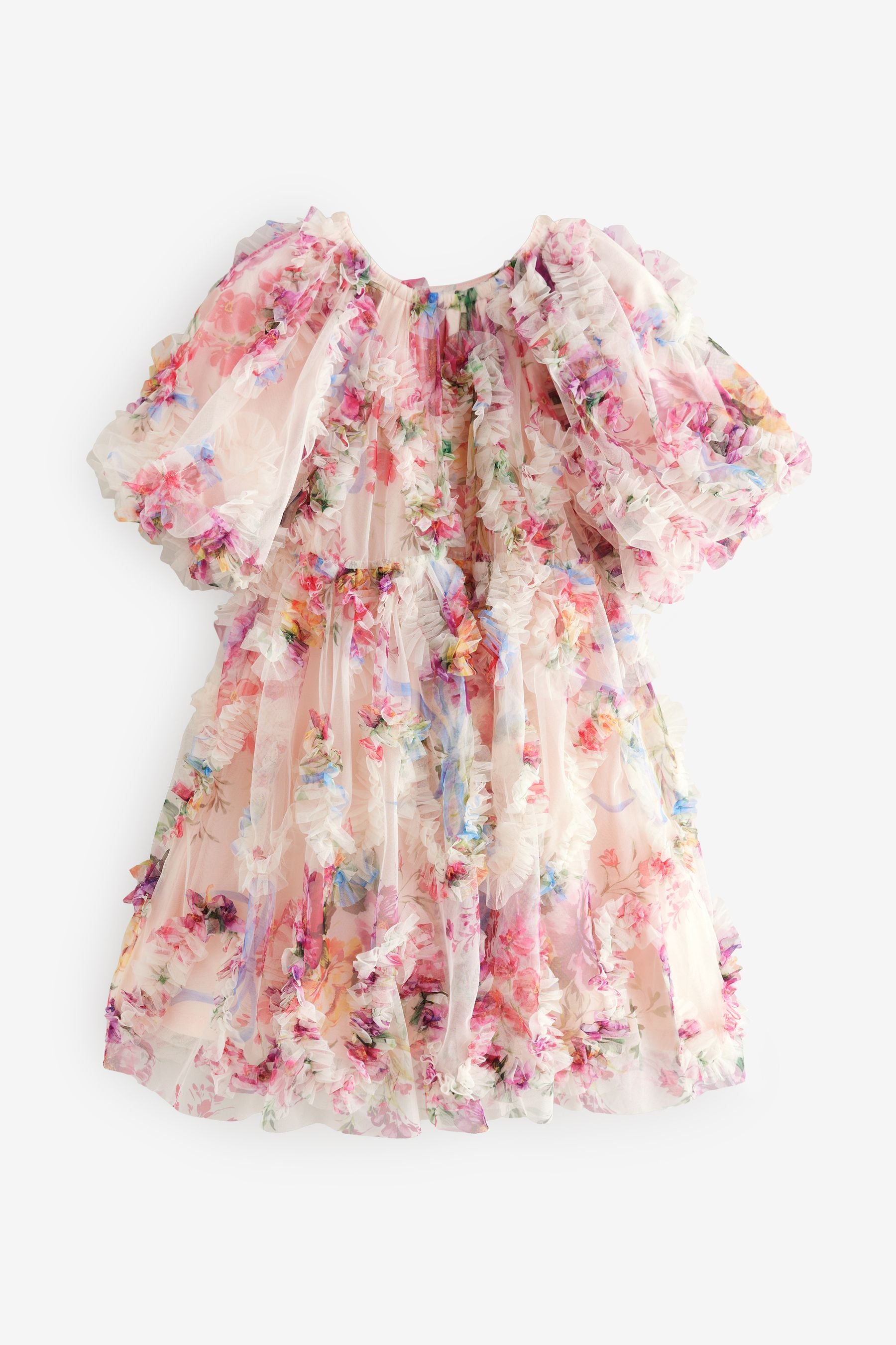 Pink Floral Print Ruffle Mesh Occasion Dress (3-16yrs)