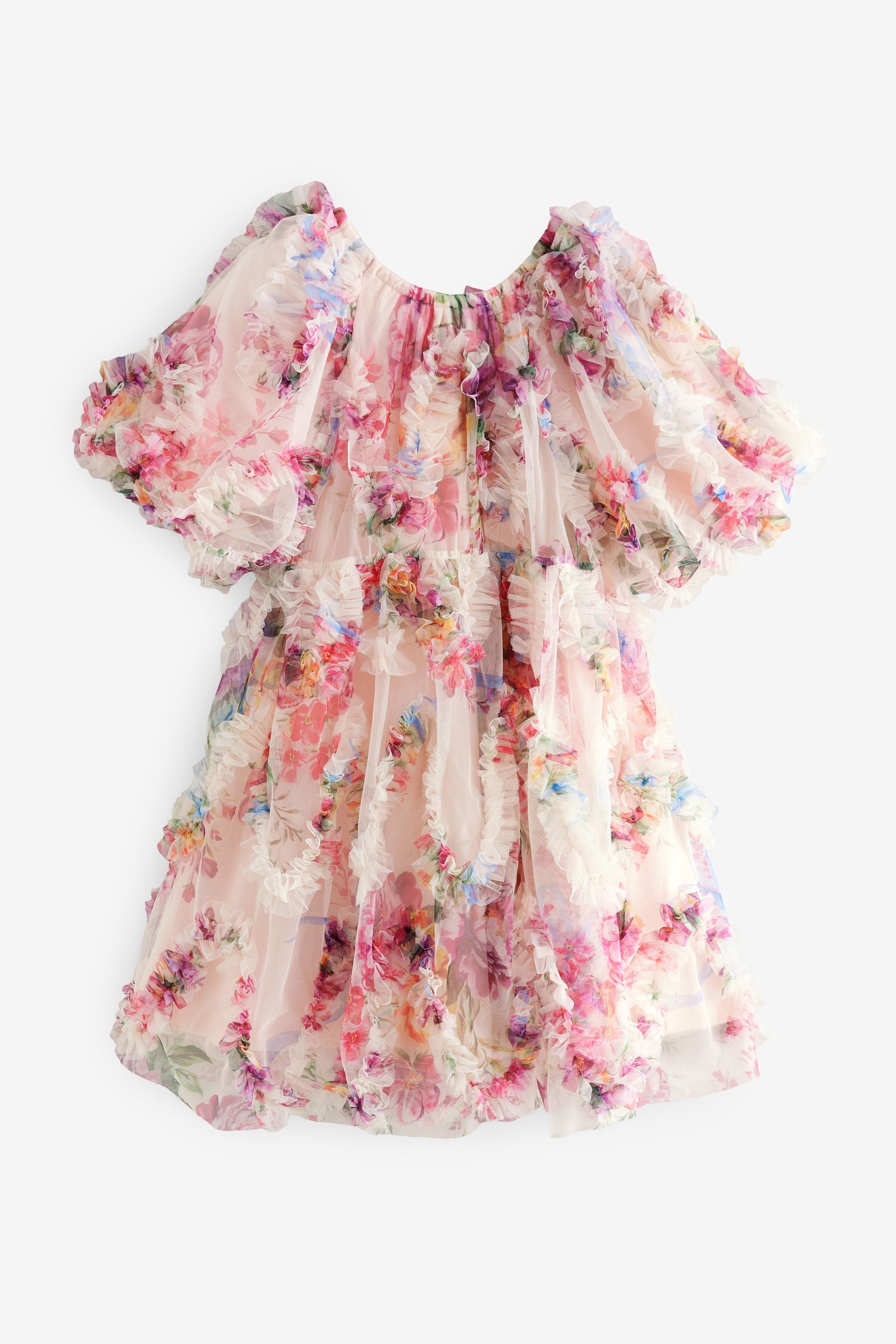 Pink Floral Print Ruffle Mesh Occasion Dress (3-16yrs)