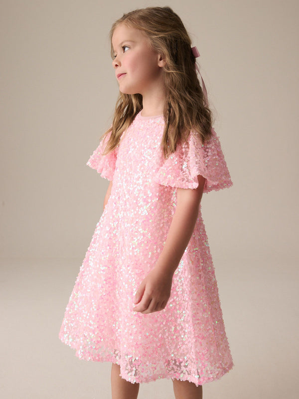 Pink Sparkle Angel Sleeve Sequin Party Dress (3-16yrs)