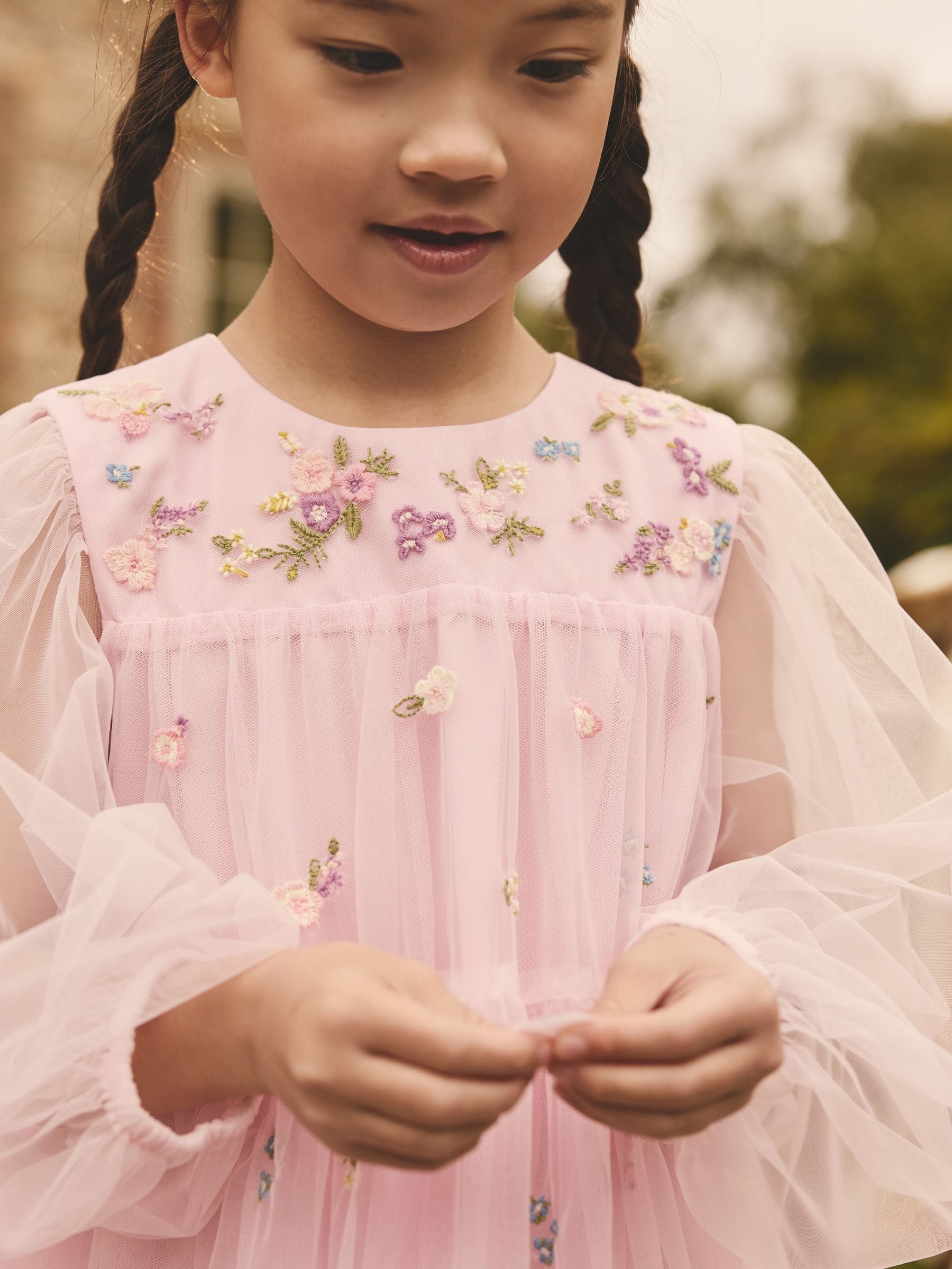 Pink Embroidered Long Sleeve Mesh Party Dress (3-16yrs)