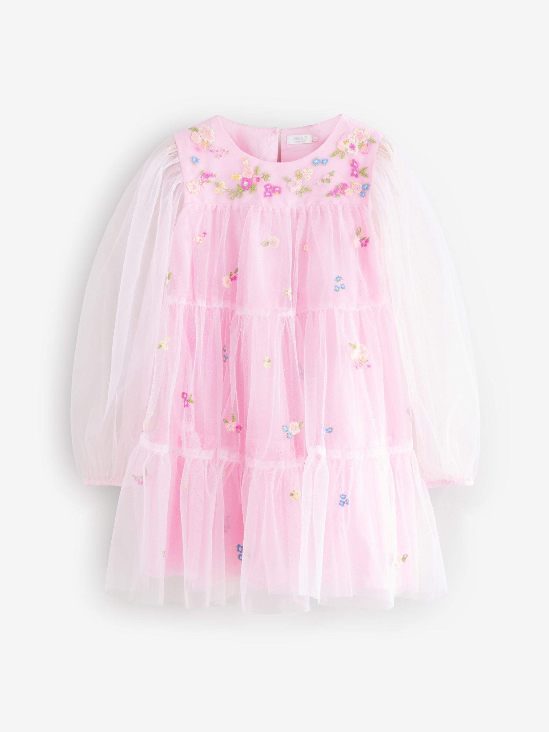 Pink Embroidered Long Sleeve Mesh Party Dress (3-16yrs)