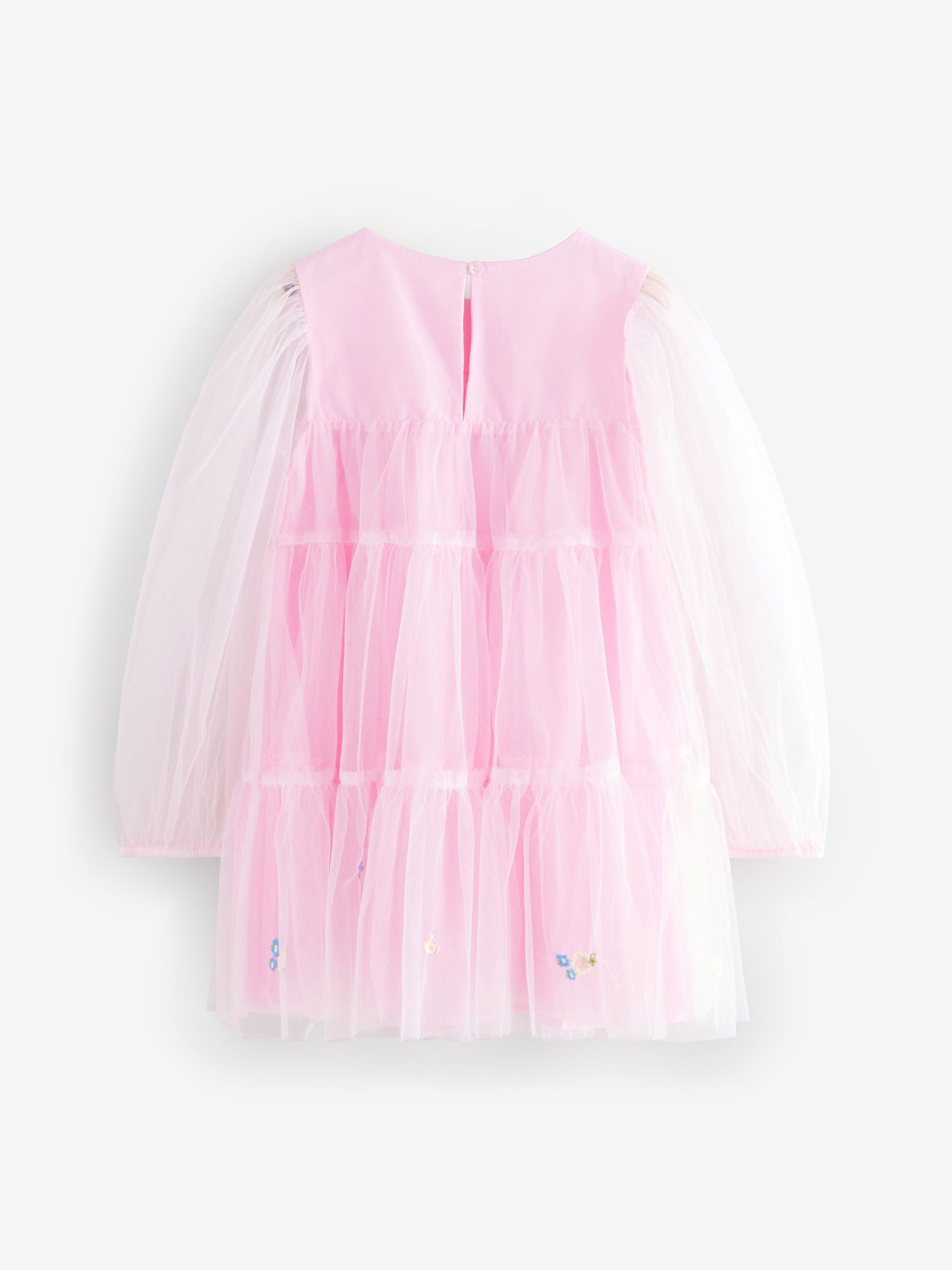 Pink Embroidered Long Sleeve Mesh Party Dress (3-16yrs)