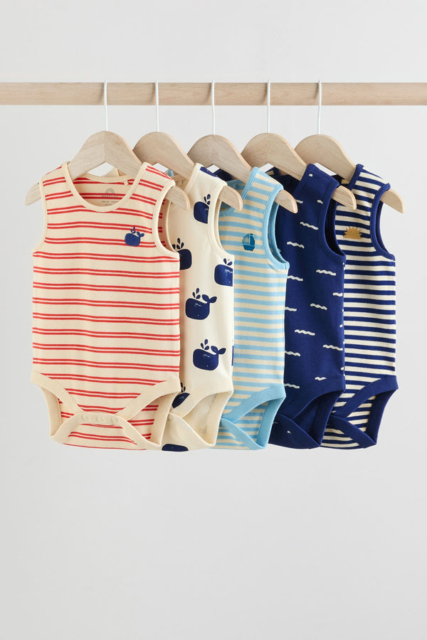 Blue/Red Stripe Nautical 100% Cotton Baby Vest Bodysuits 5 Pack