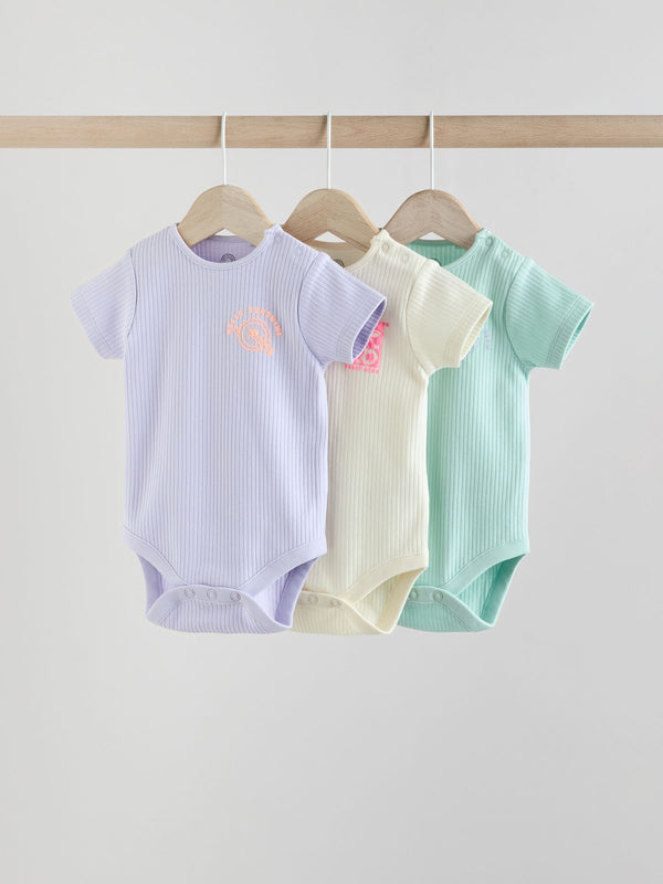 Purle/Cream Baby Slogan Short Sleeve 100% Cotton Bodysuit 3 Pack