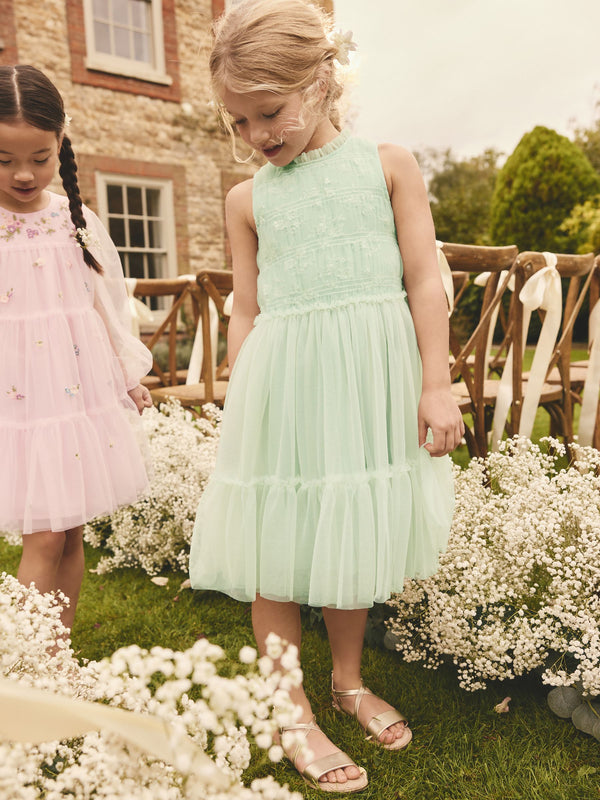 Sage Green Tiered Mesh & Lace Bridesmaid Dress (3-16yrs)