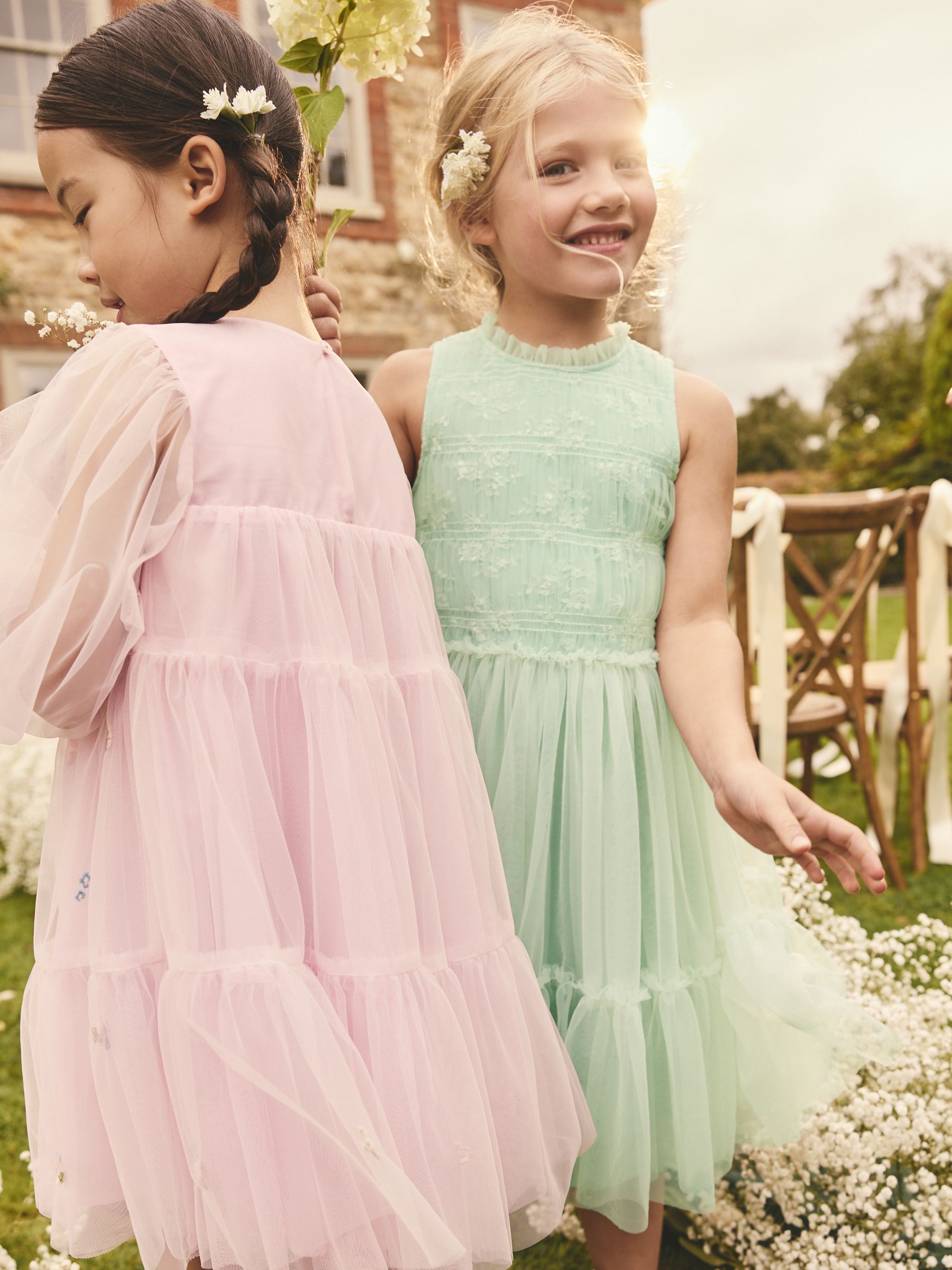 Sage Green Tiered Mesh & Lace Bridesmaid Dress (3-16yrs)